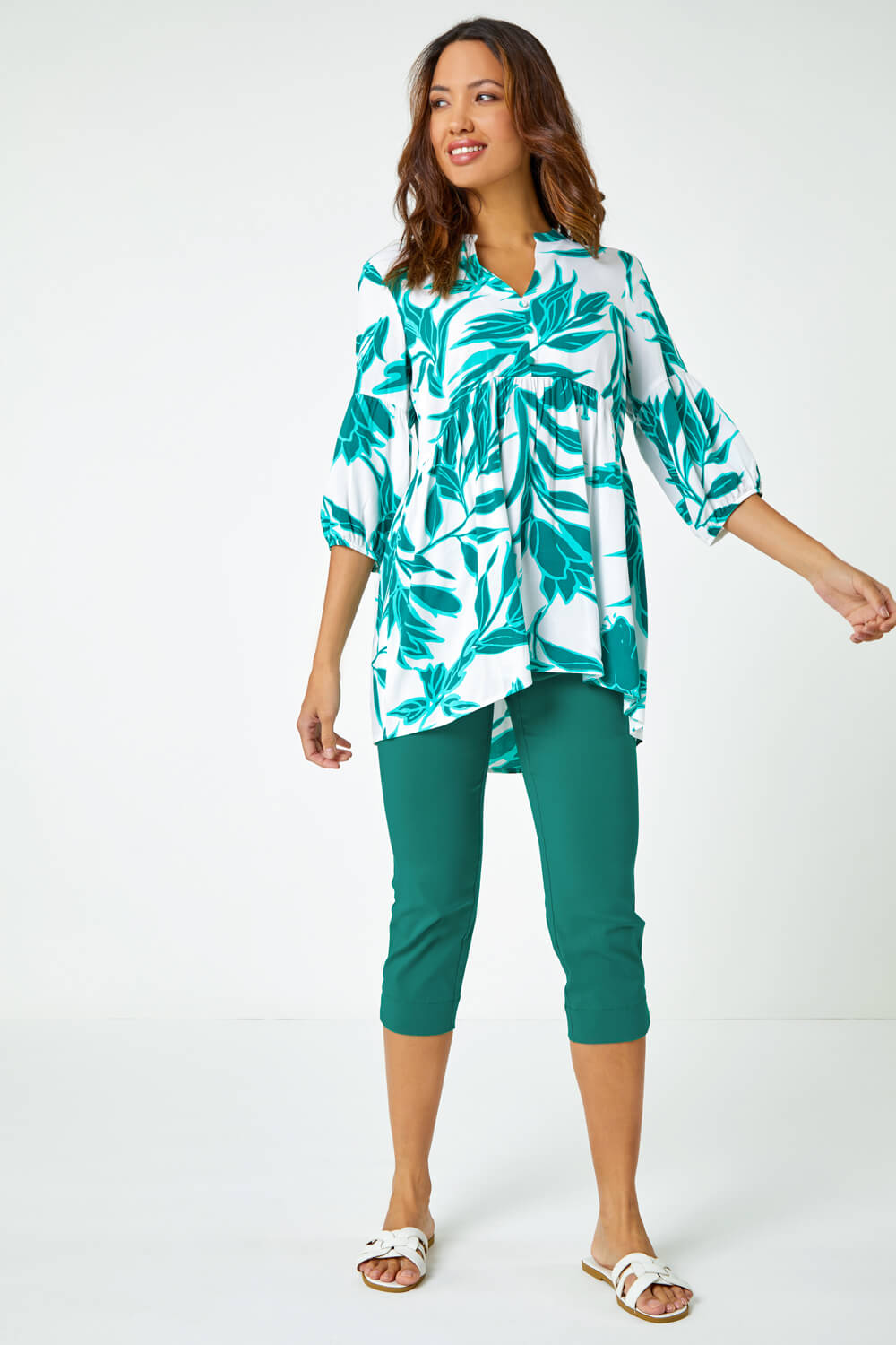 Green Palm Print Tunic Overshirt, Image 2 of 5