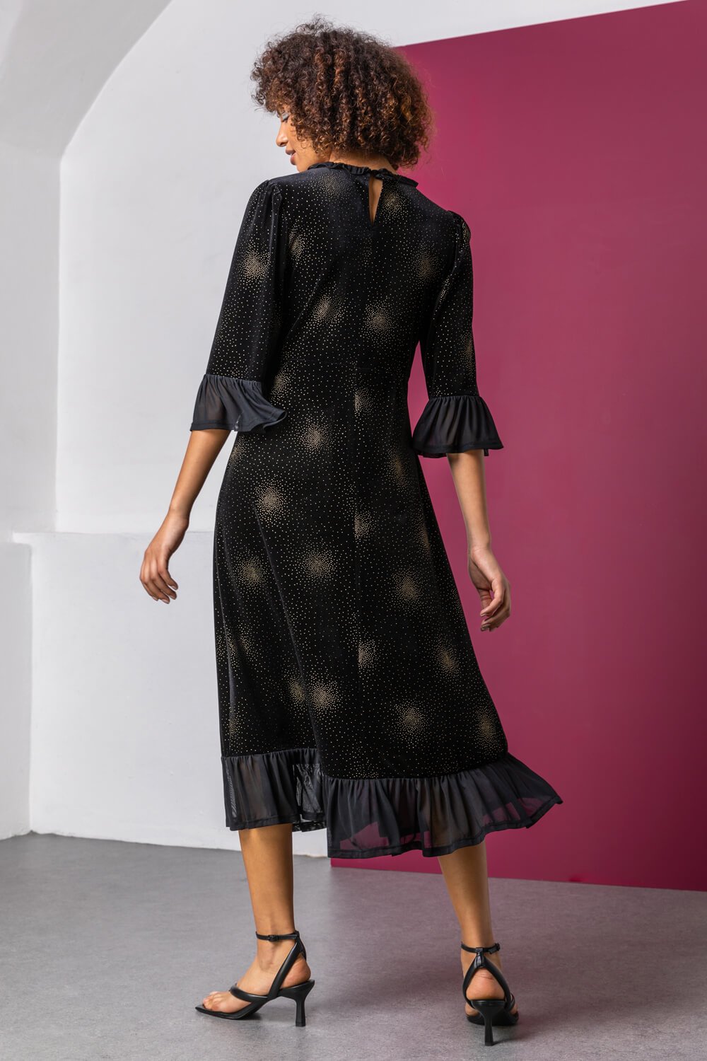 Black Velvet Sparkle Frill Detail Dress, Image 2 of 5
