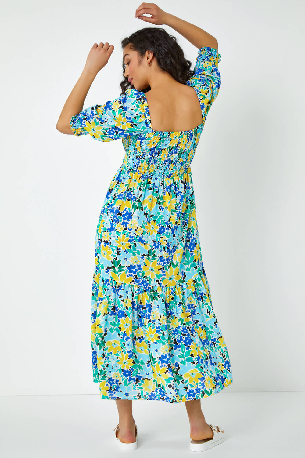 Blue Floral Stretch Shirred Midi Dress, Image 3 of 5