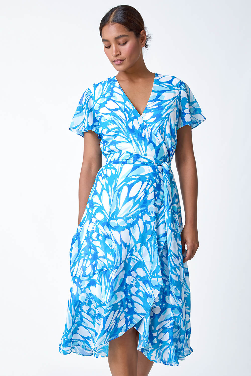 Blue Butterfly Print Chiffon Wrap Dress, Image 2 of 5