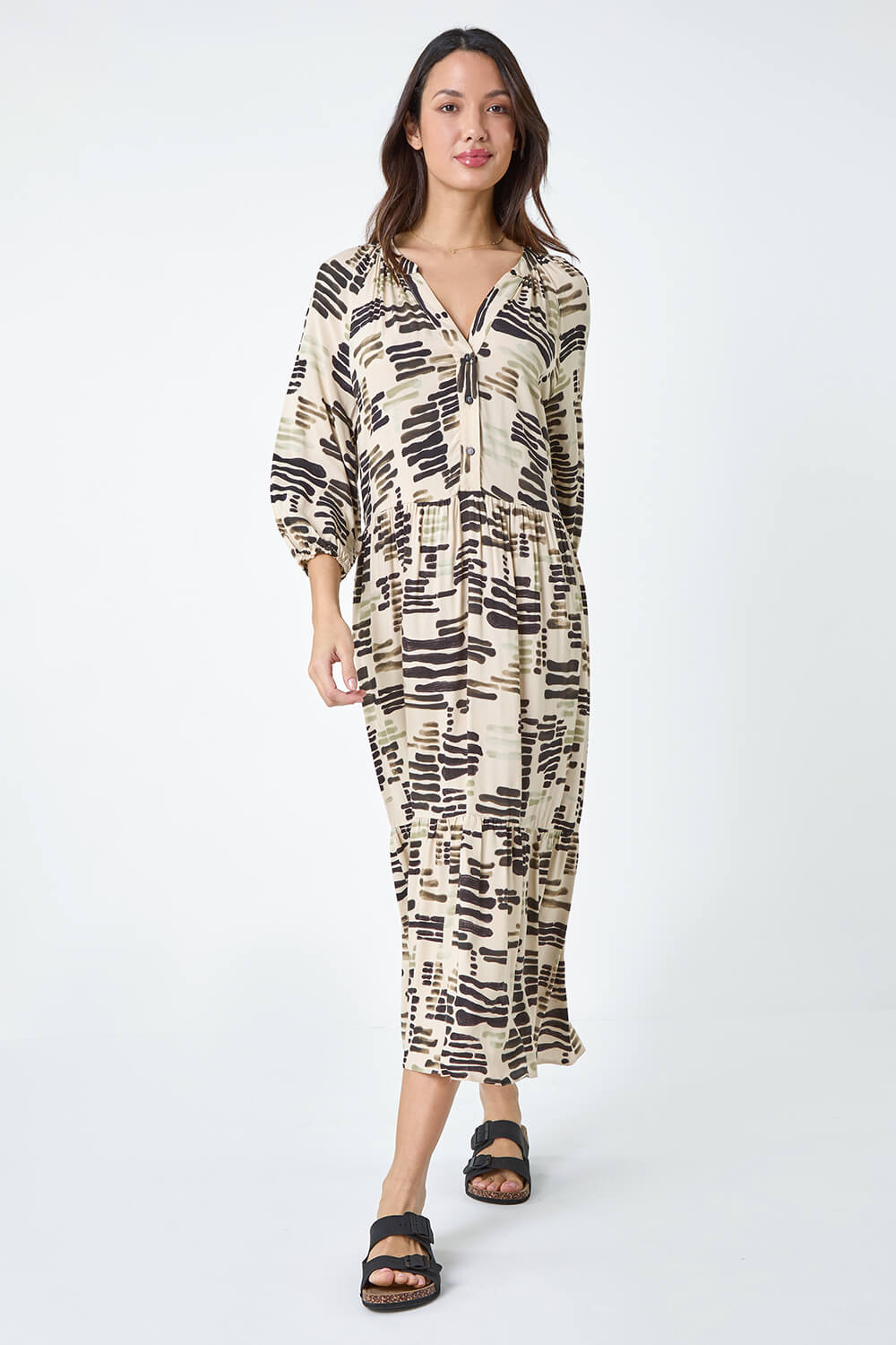 Stone Abstract Print Tiered Shirt Dress, Image 2 of 5