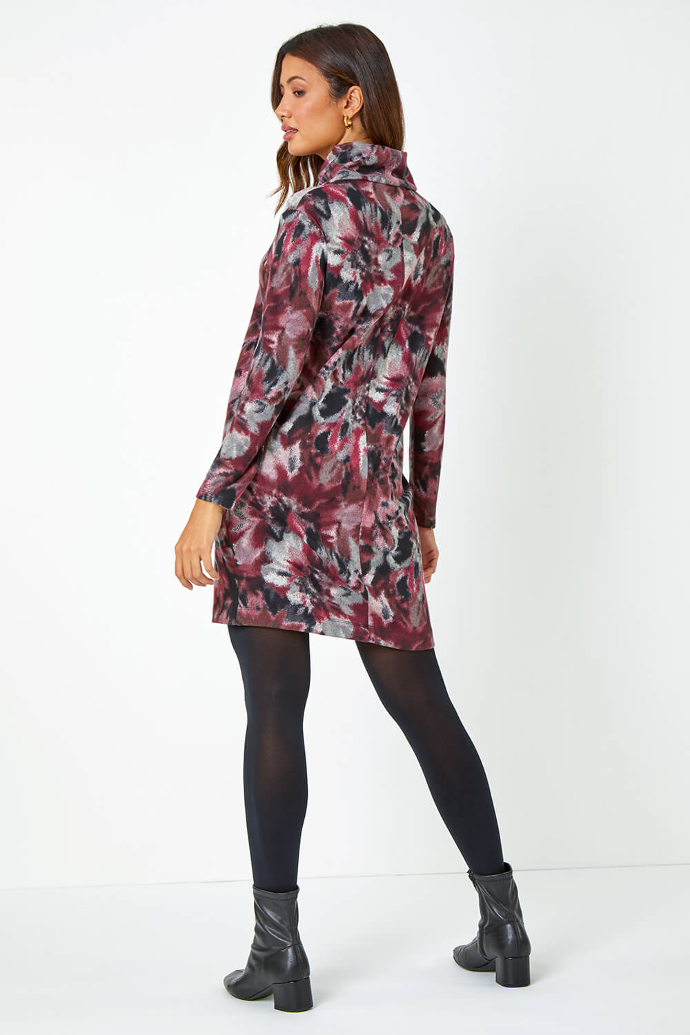 Red Floral Tie Dye Print Tunic Stretch Dress, Image 3 of 5