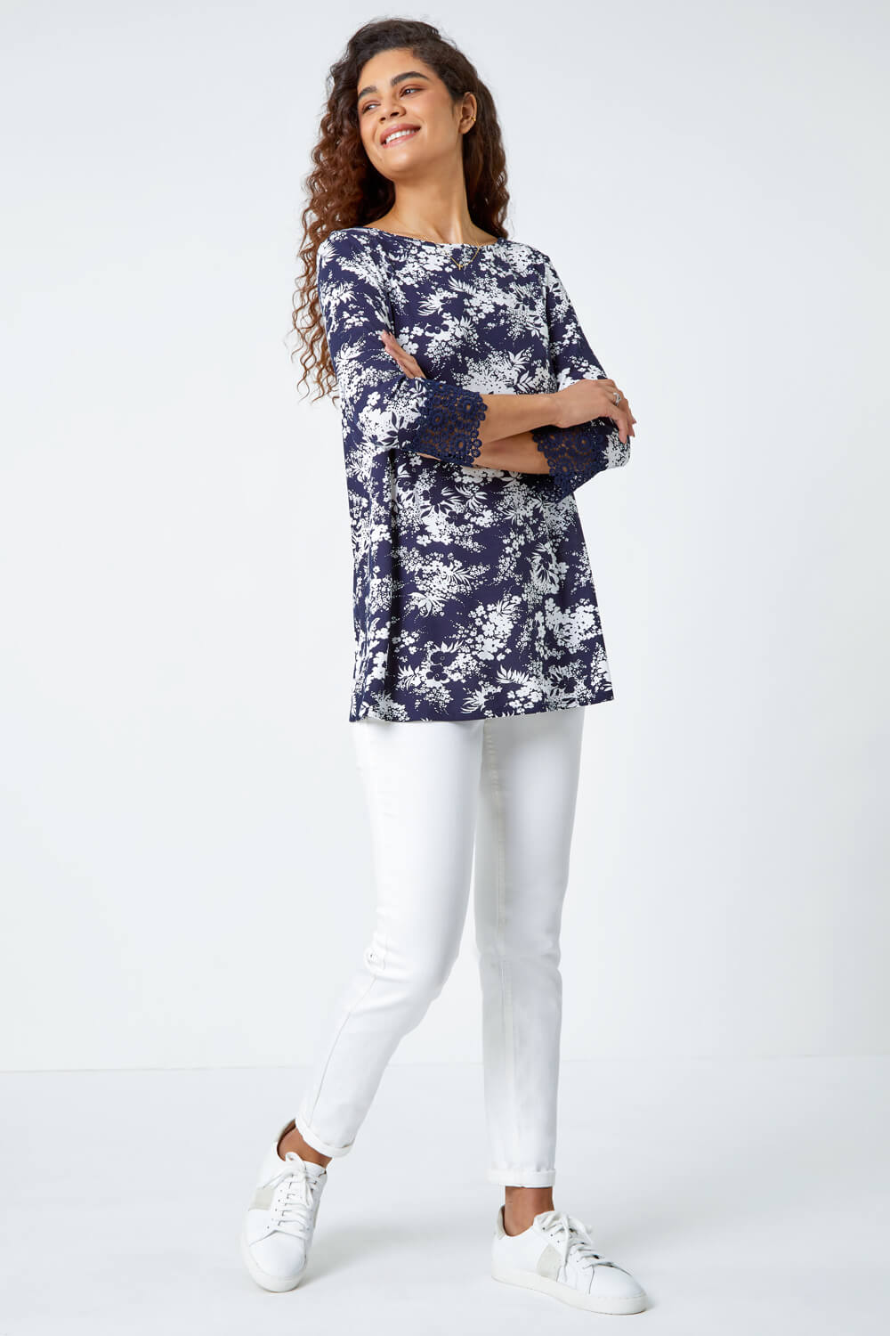 Navy  Floral Lace Trim Stretch Top, Image 2 of 5