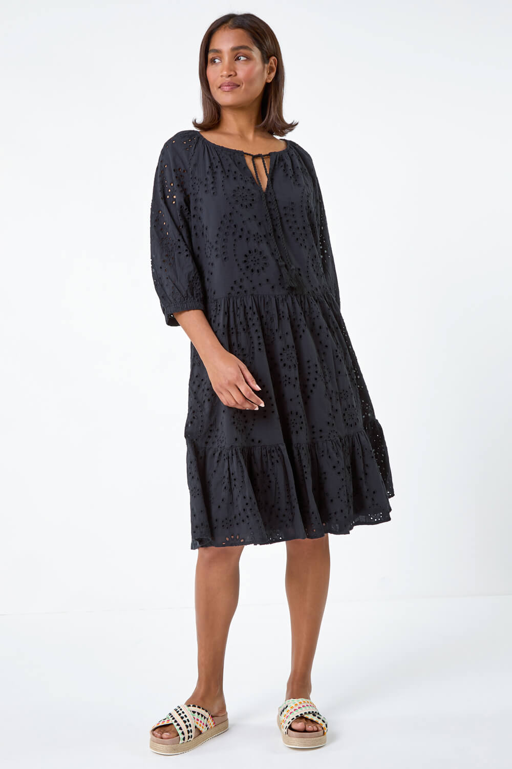Black Cotton Broderie Tiered Smock Dress, Image 2 of 5