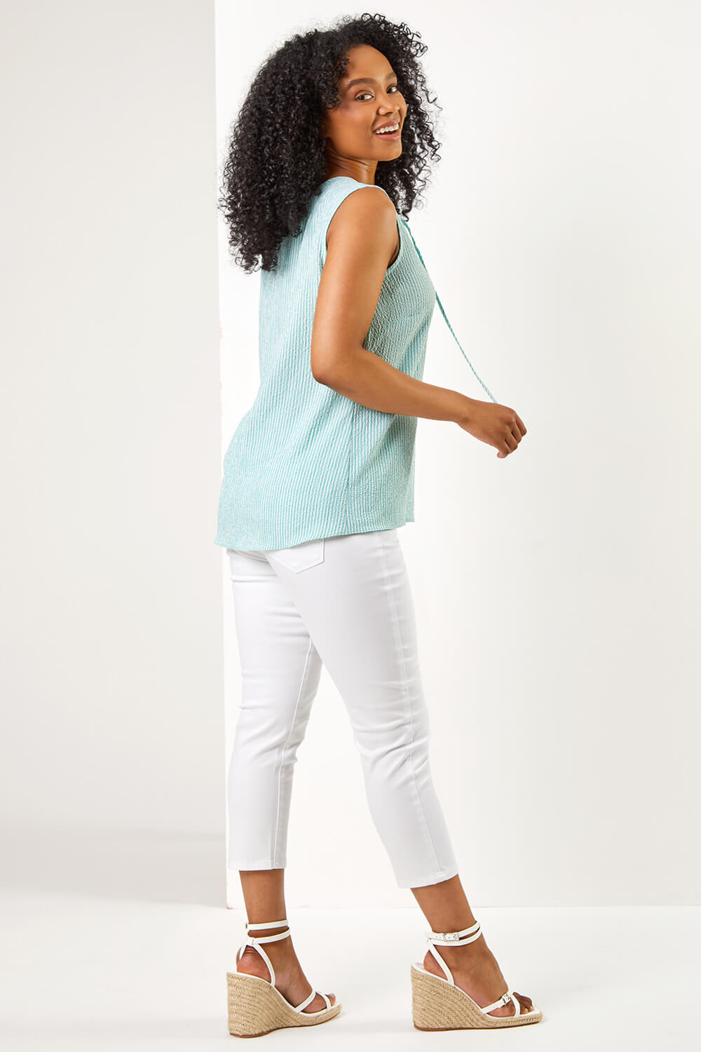 Mint Petite Striped Crinkle Tie Neck Top , Image 2 of 5