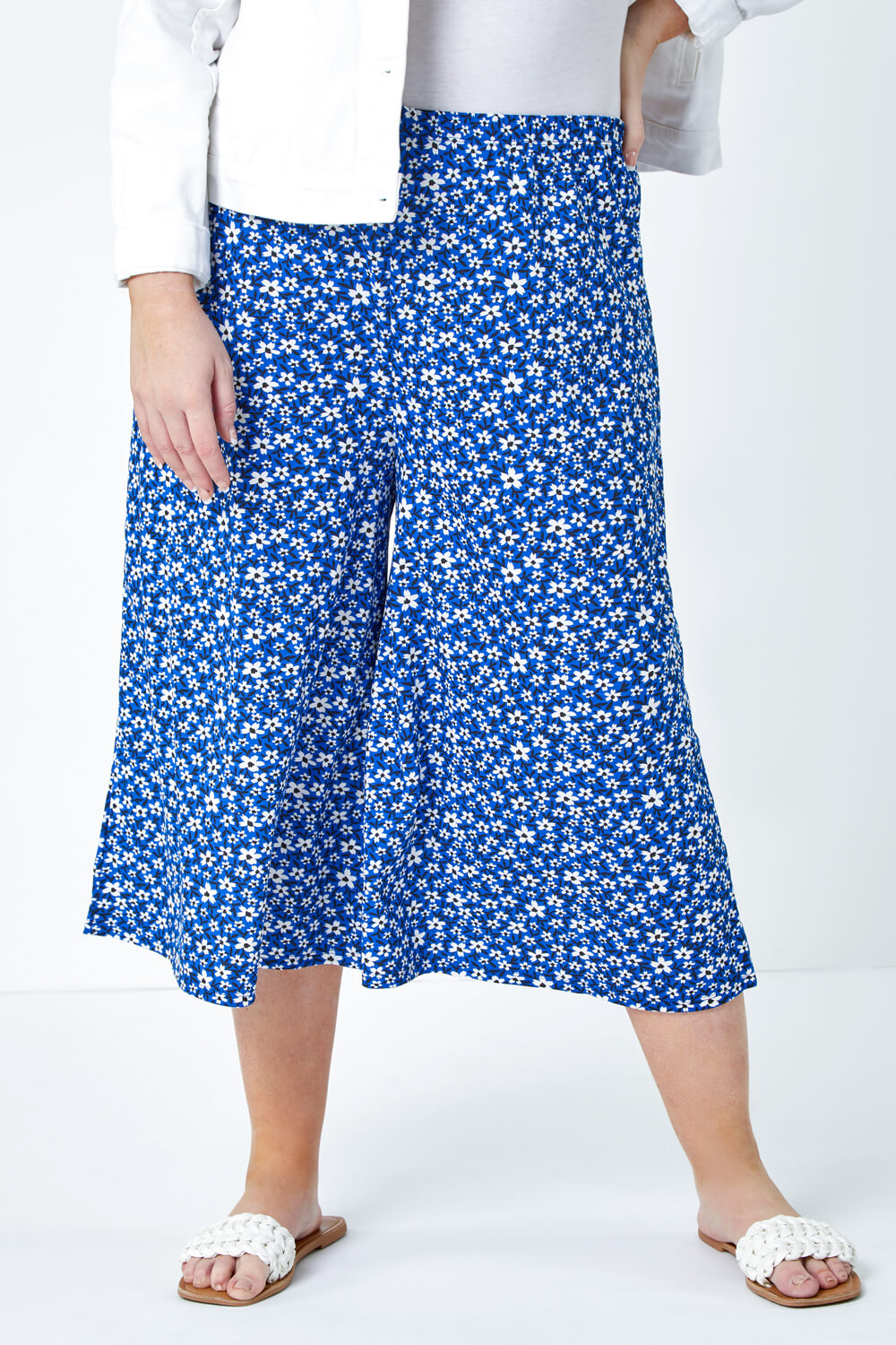 Blue Curve Floral Print Stretch Culottes, Image 4 of 5