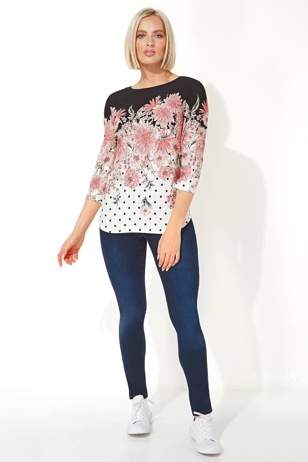 Multi  Spot Floral 3/4 Sleeve Top, Image 2 of 4