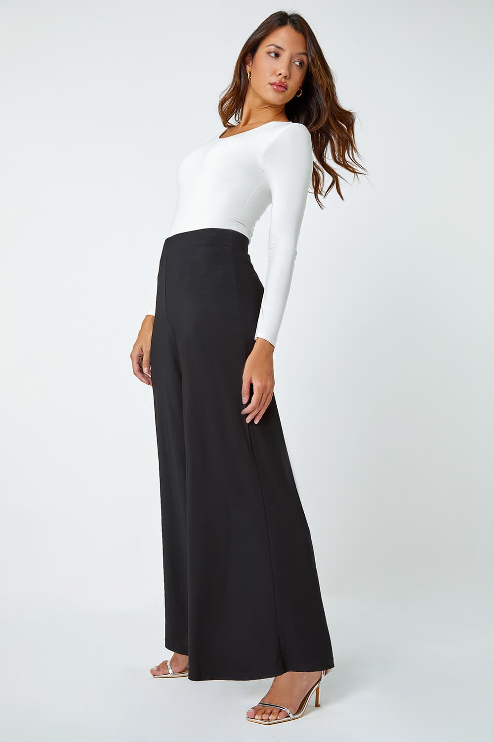 Black Wide Leg Stretch Trousers, Image 2 of 6