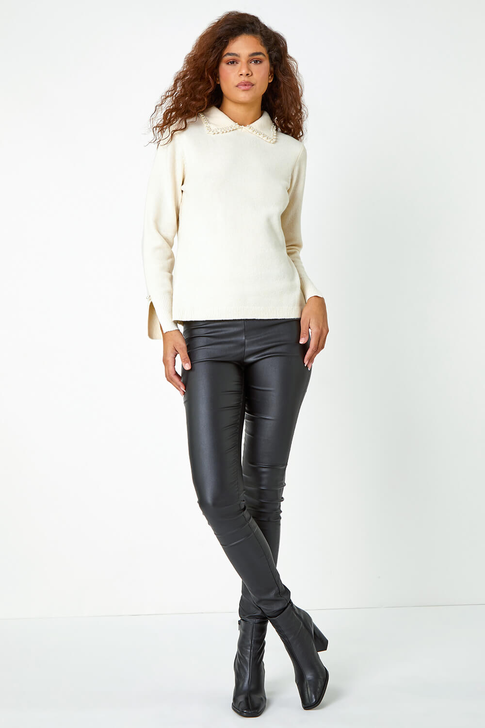 Ivory  Pearl Collared Stretch Jumper, Image 2 of 5