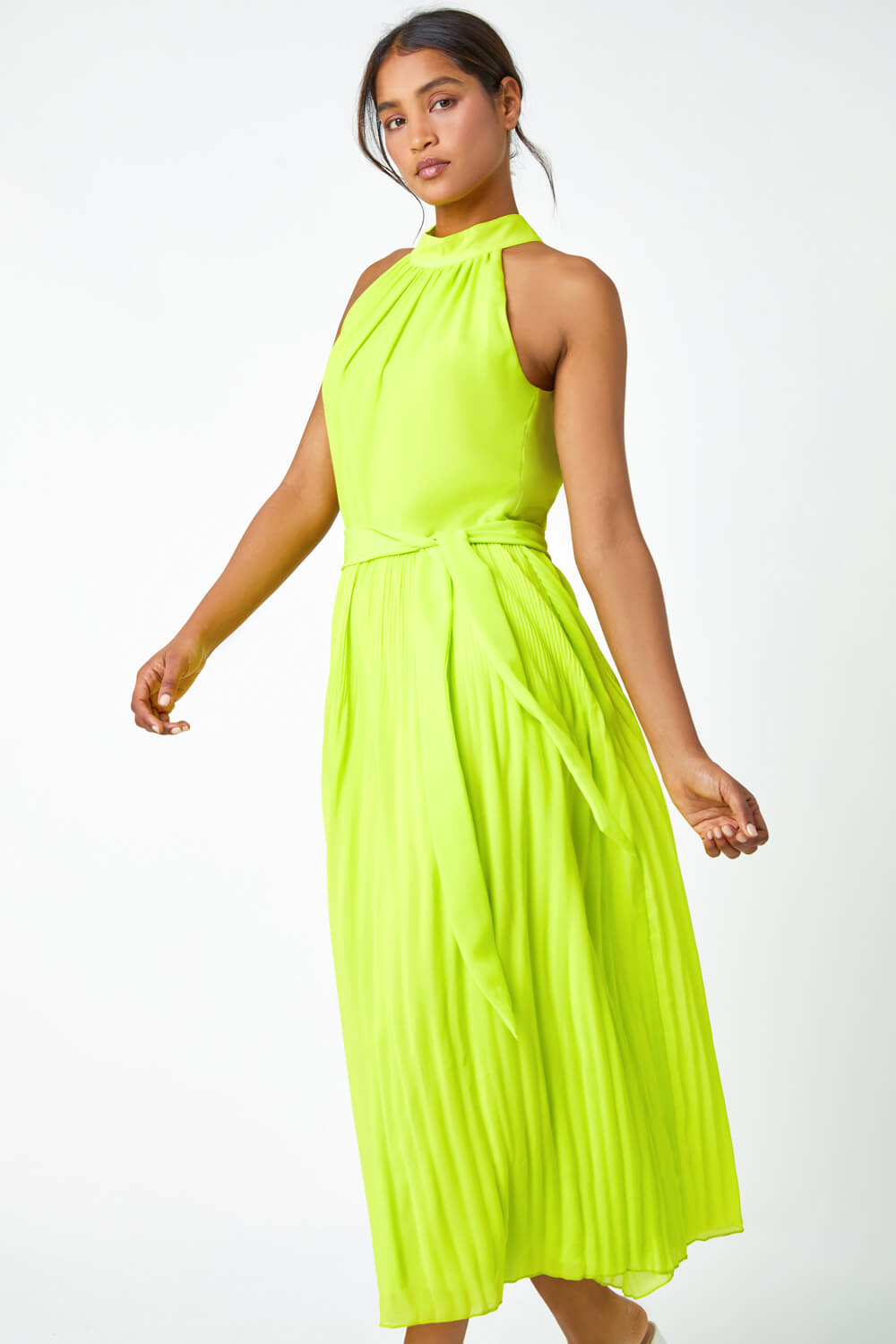 Lime Halterneck Pleated Maxi Dress, Image 2 of 5