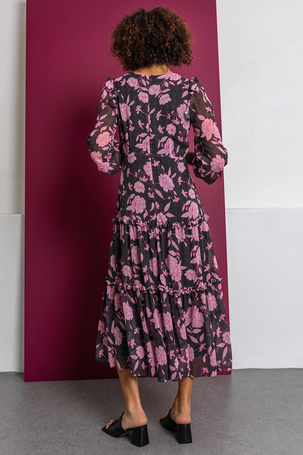 PINK Floral Spot Print Tiered Midi Dress, Image 2 of 5
