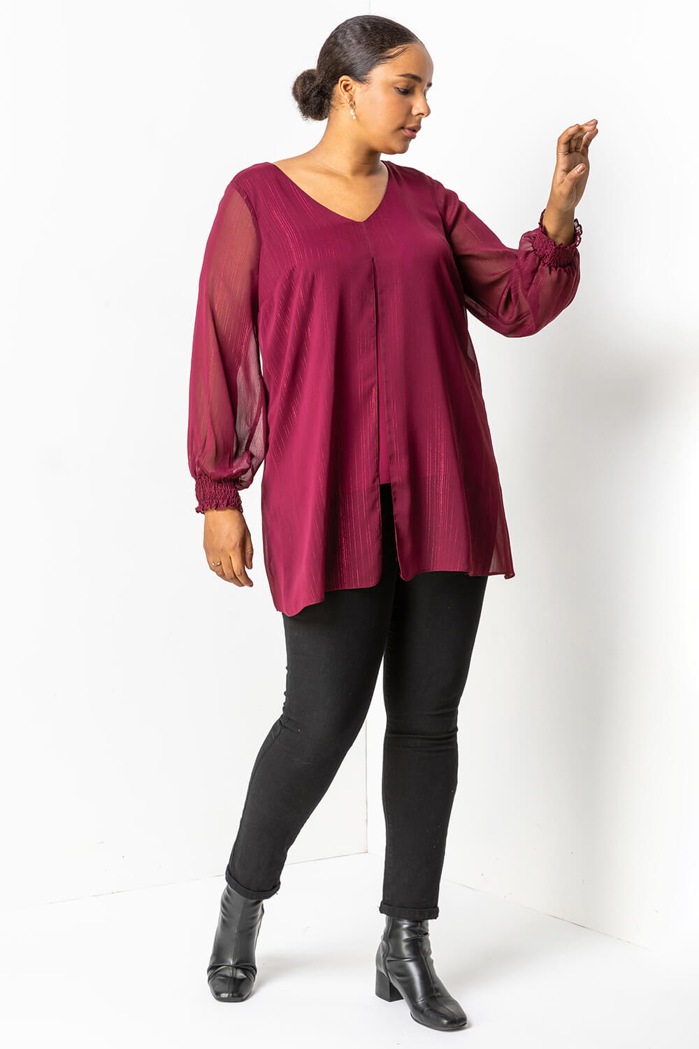 Wine Curve Chiffon Shimmer Split Front Top, Image 4 of 5