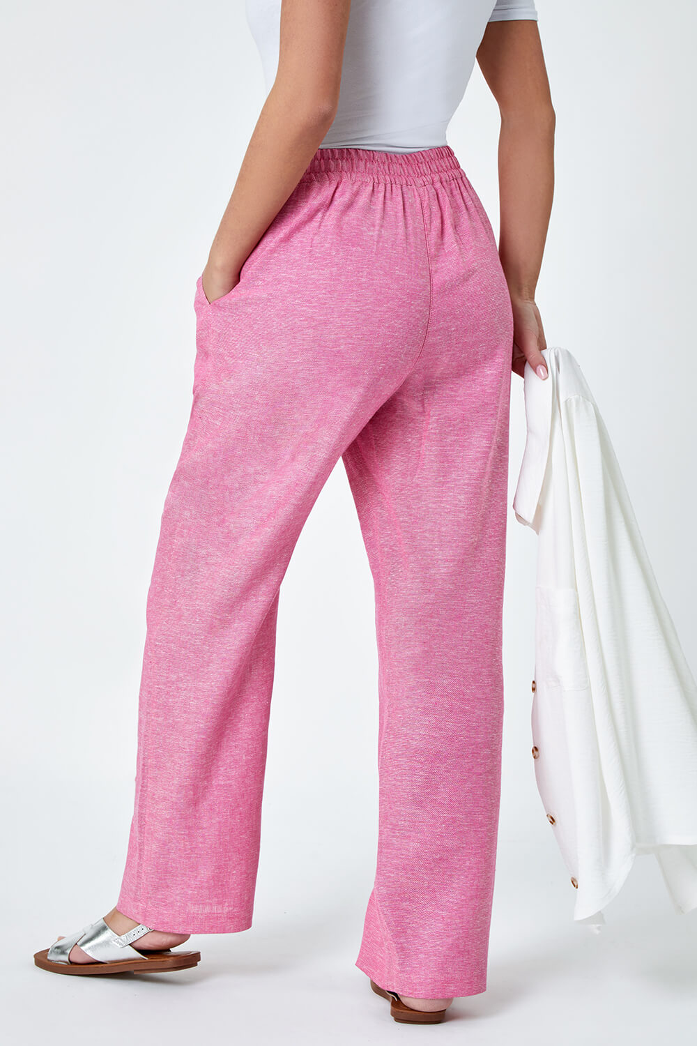 PINK Petite Linen Mix Wide Leg Trousers, Image 3 of 5
