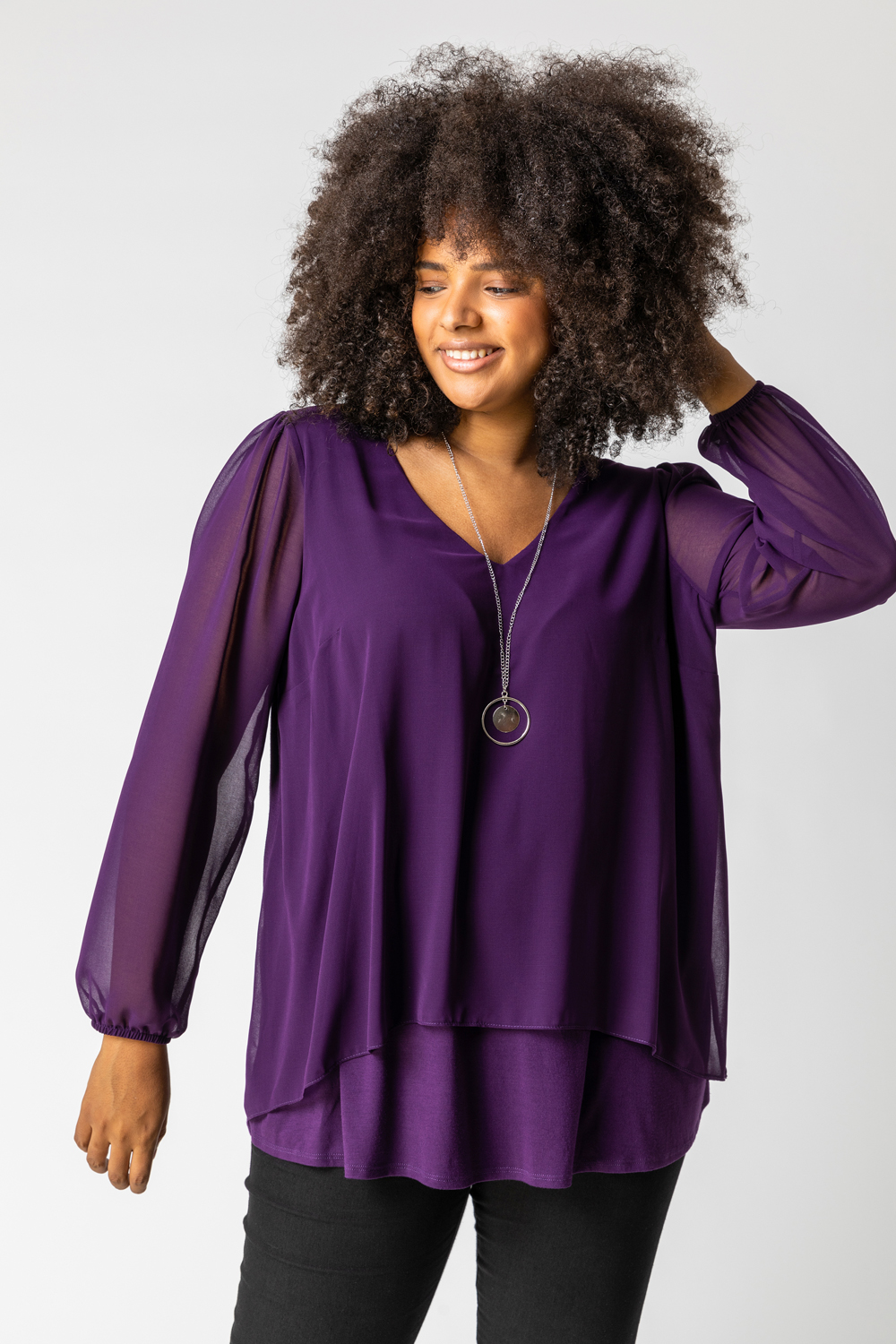Roman Originals Curve Chiffon Top With Necklace in Plum