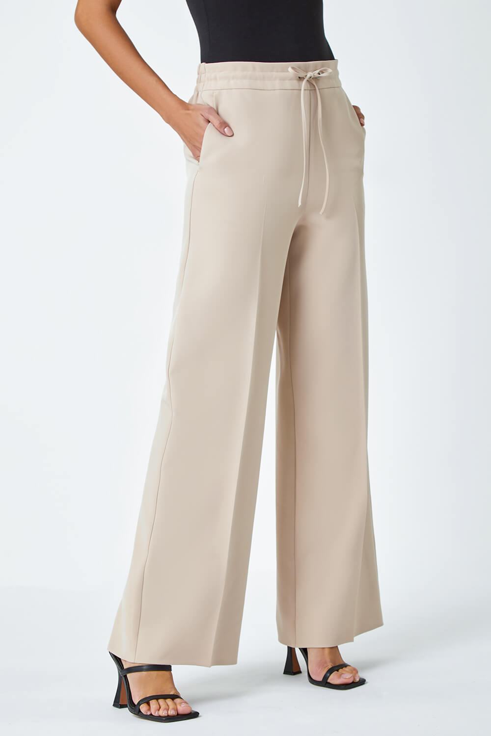 Stone Wide Leg Tie Front Stretch Trouser, Image 4 of 5