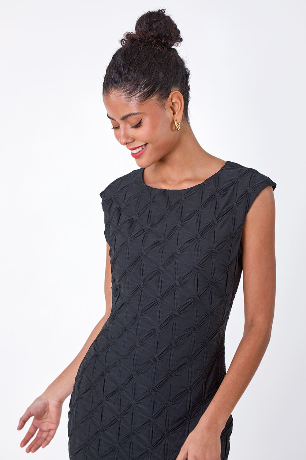 Black Textured Stretch Cap Sleeve Dress, Image 4 of 5
