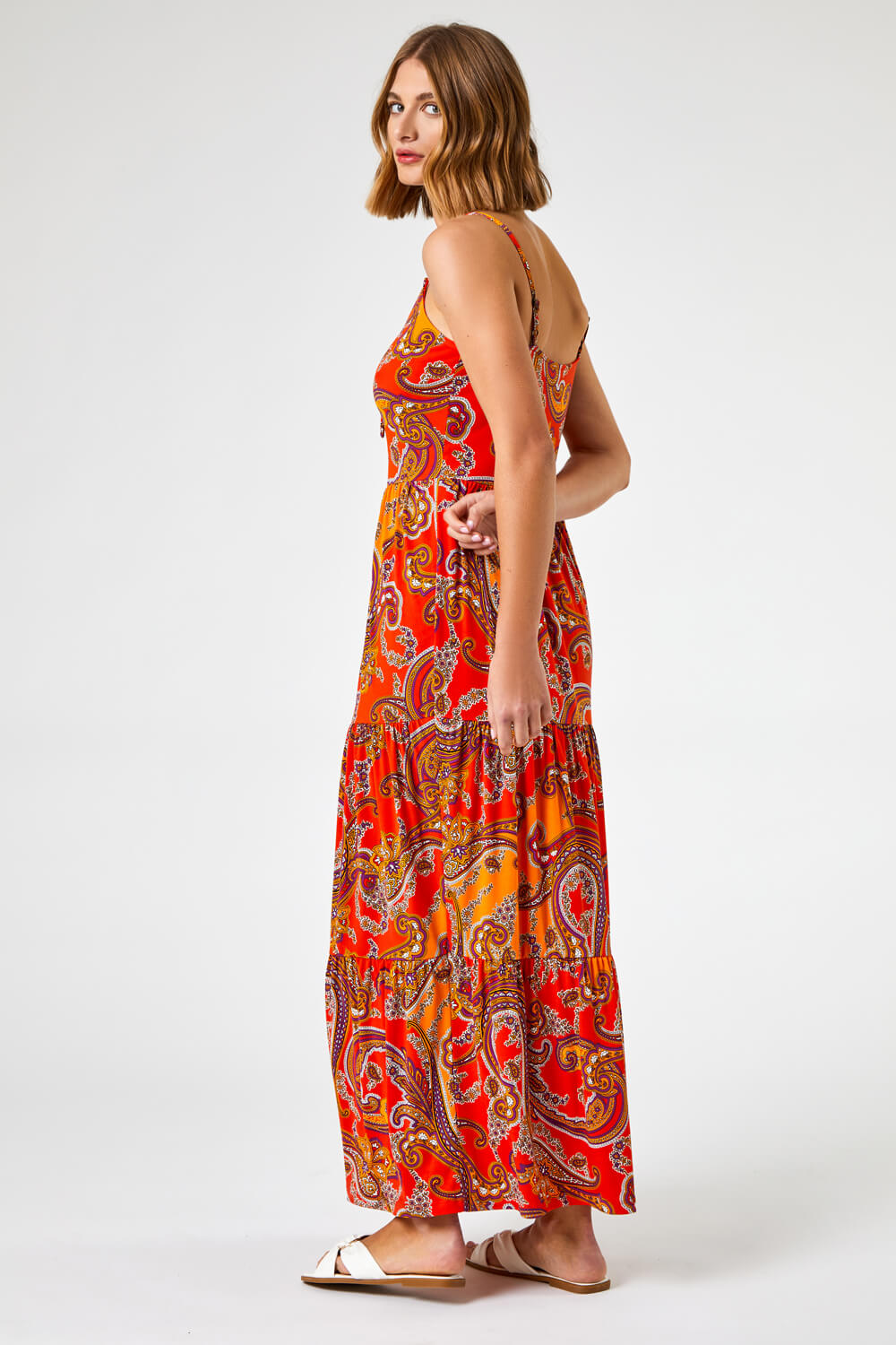 Red Paisley Print Tiered Maxi Dress, Image 2 of 5