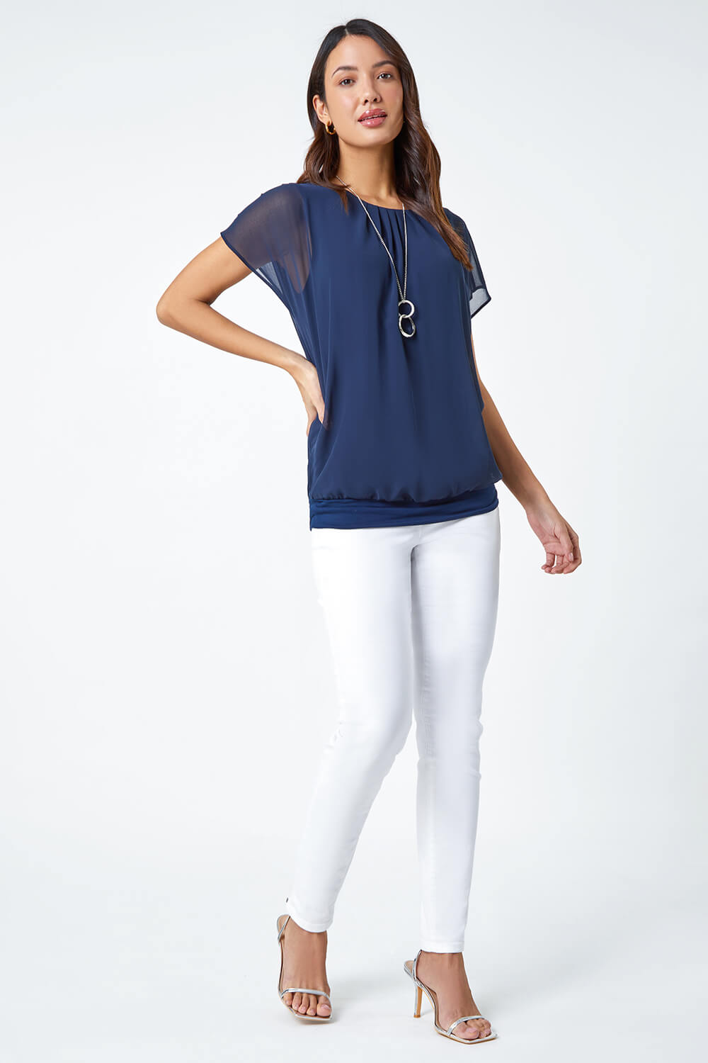Navy  Chiffon Jersey Blouson Top with Necklace, Image 2 of 5