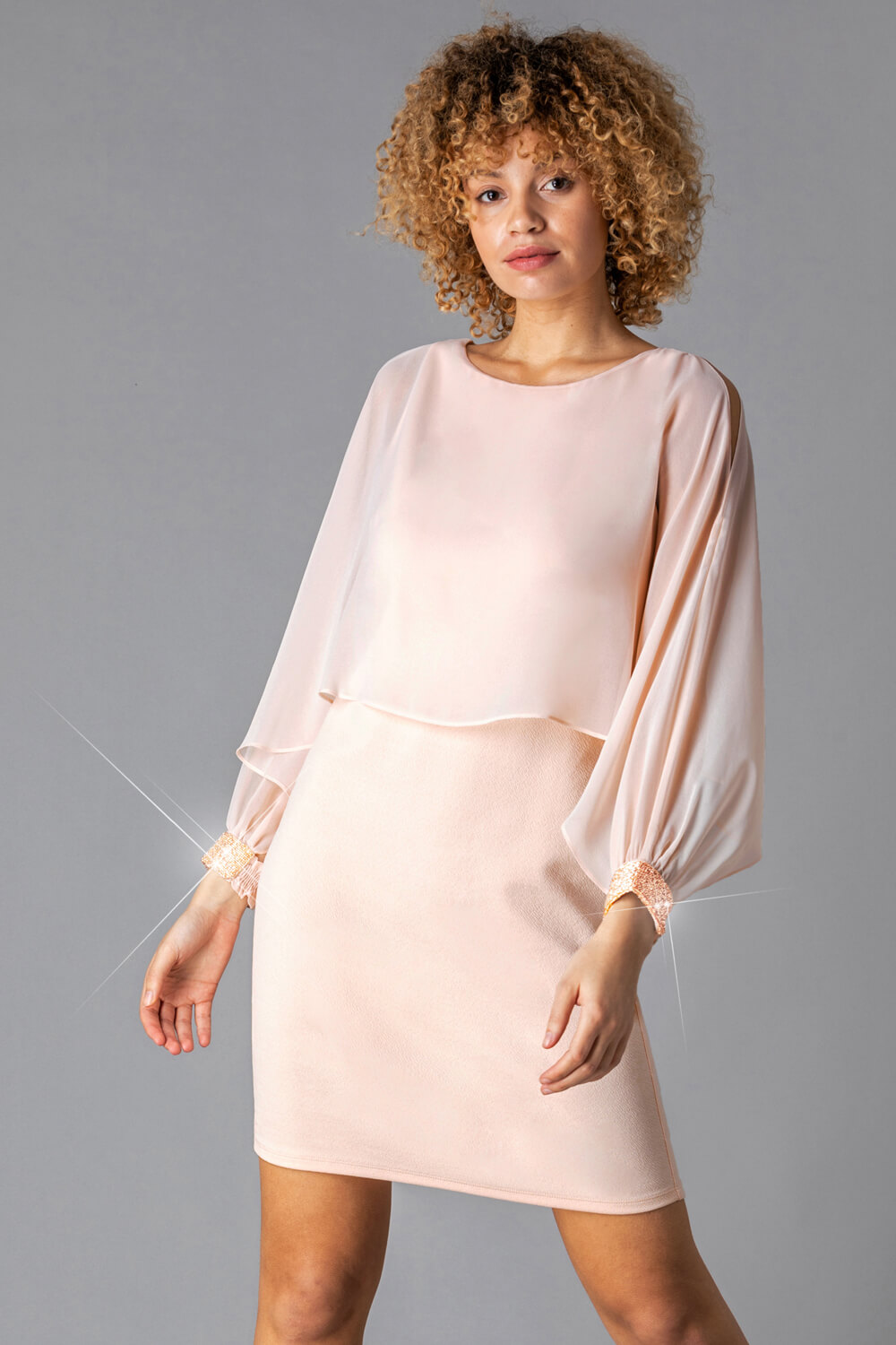 Light Pink Chiffon Sparkle Embellished Cuff Dress, Image 2 of 4
