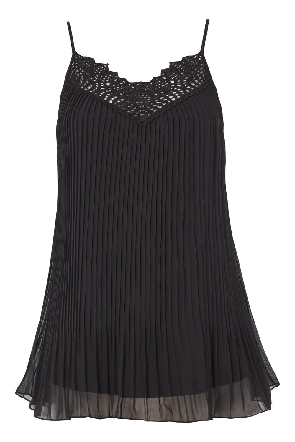 Black Pleated Lace Trim Cami Top, Image 5 of 6