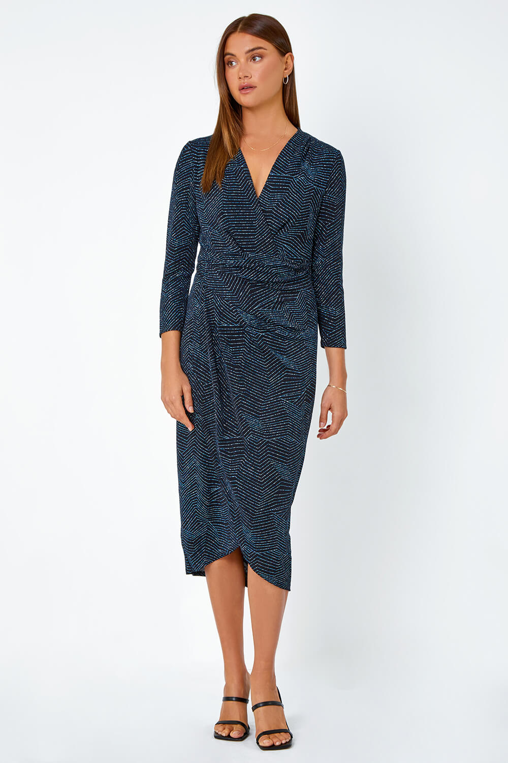 Royal Blue Glitter Print Wrap Midi Stretch Dress, Image 2 of 5