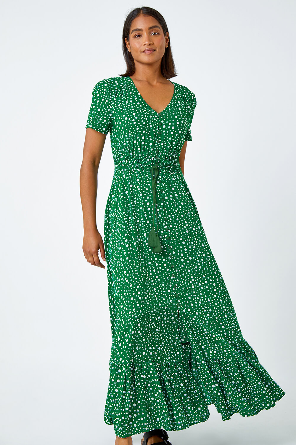 Dark Green Spot Print Frill Hem Maxi Dress, Image 2 of 5