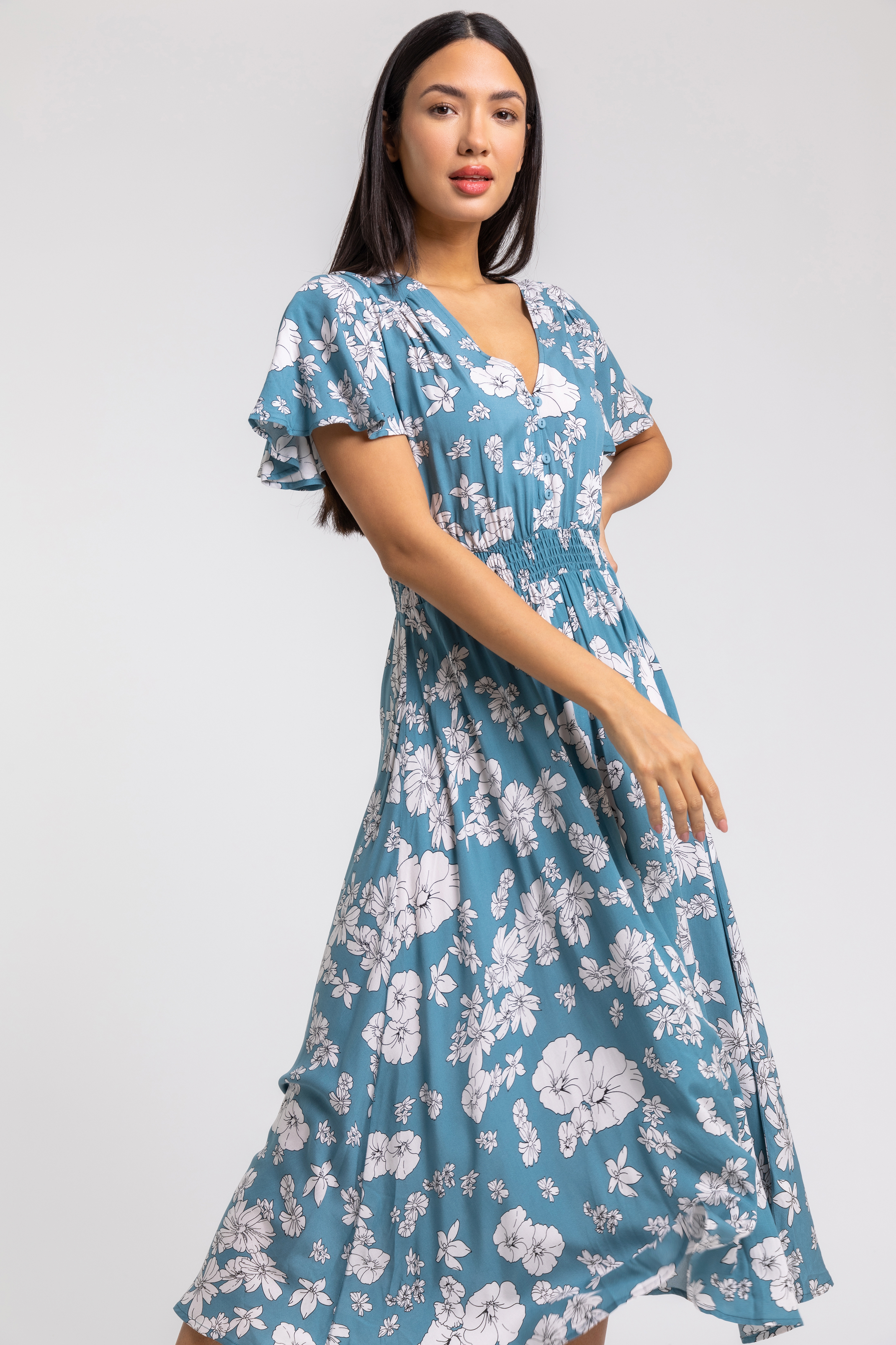 Blue Floral Print Tiered Midi Dress, Image 4 of 4