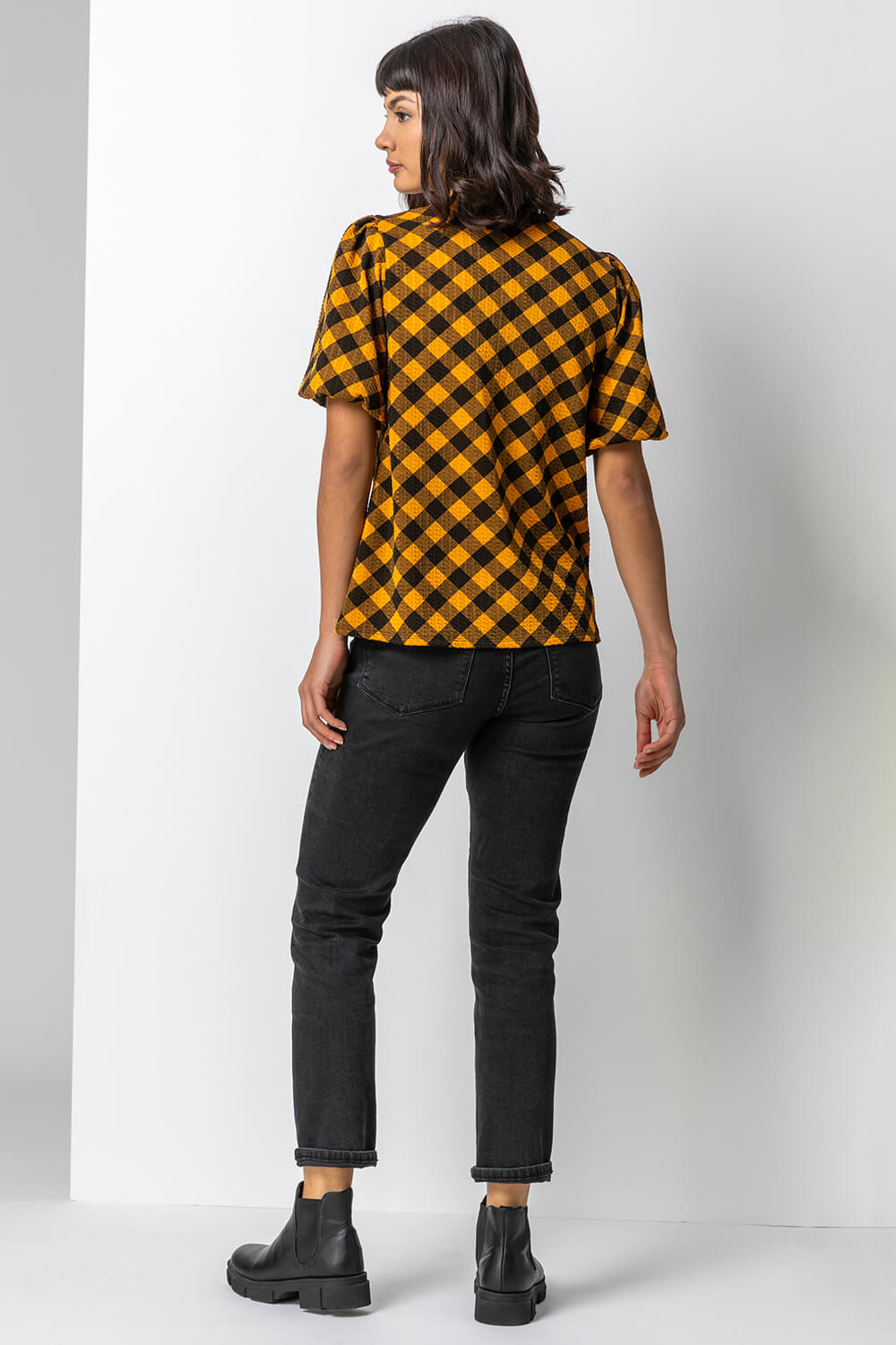 Yellow Check Print Puff Sleeve Top, Image 2 of 4