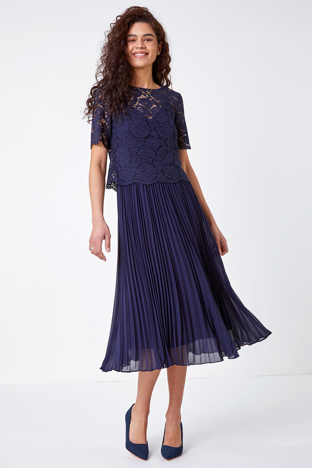 Navy  Lace Top Overlay Pleated Midi Dress, Image 2 of 5