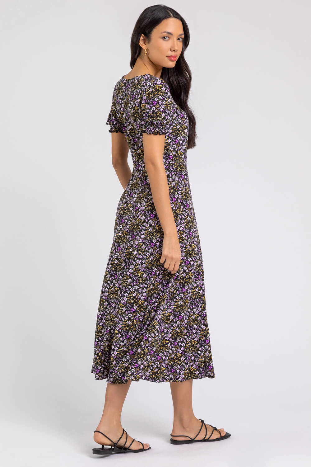 Ditsy Floral Ruched Midi Dress in Lilac - Roman Originals UK