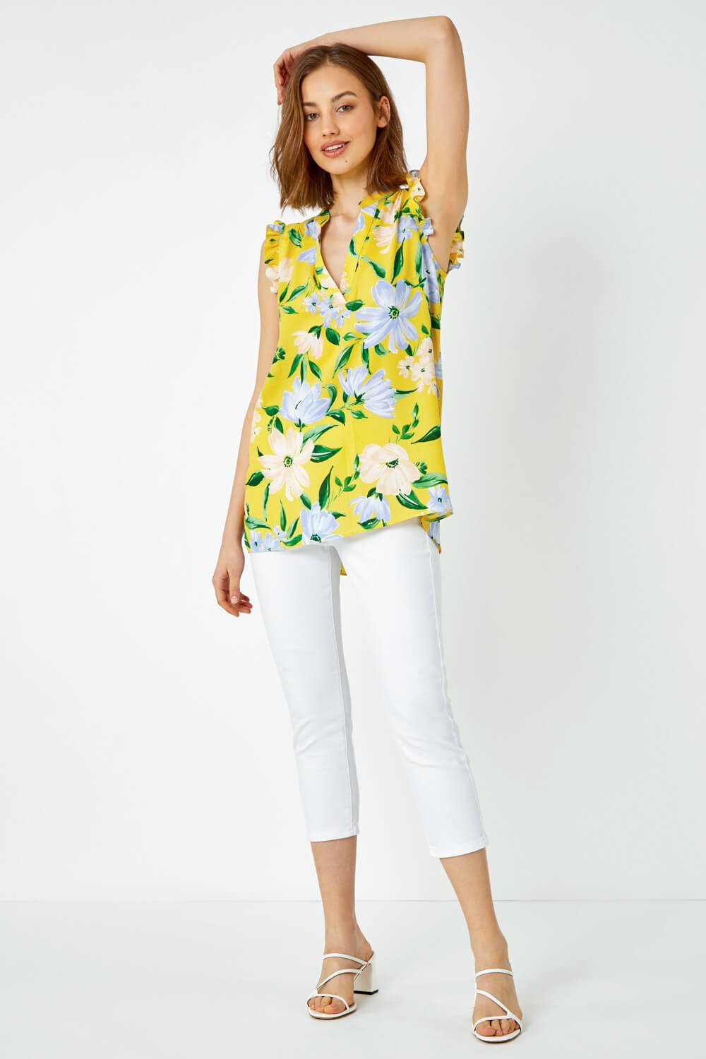 Yellow Floral Print Sleeveless Ruffle Top, Image 2 of 5