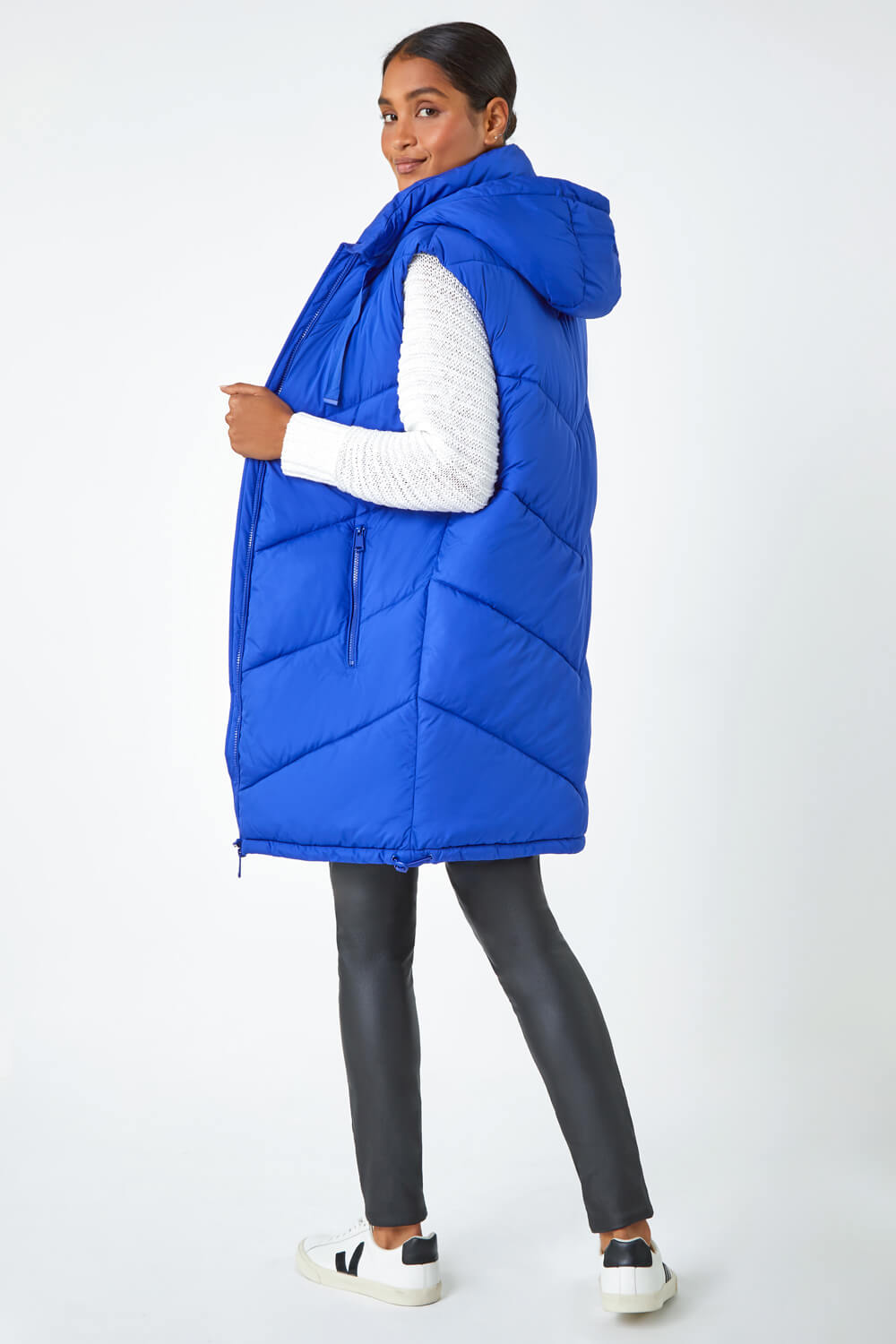 Royal Blue Longline Quilted Hooded Gilet, Image 3 of 5