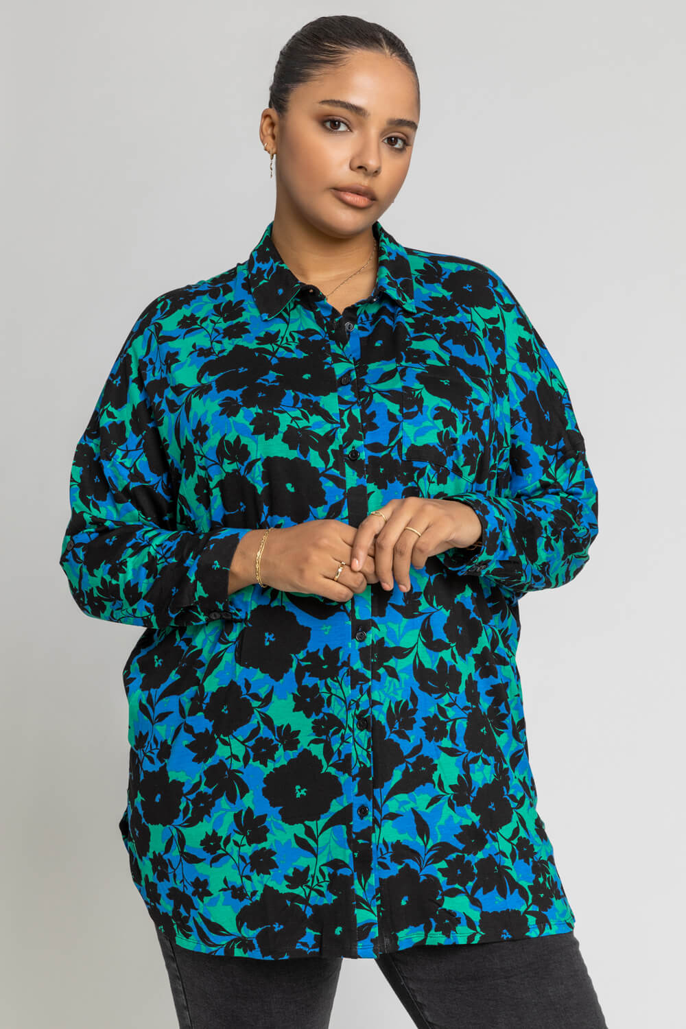 Green Curve Shadow Floral Print Shirt, Image 1 of 4