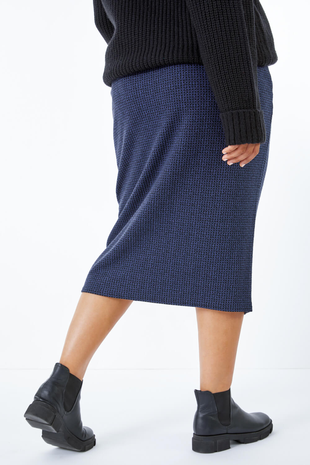 Navy  Curve Check Stretch Pencil Skirt, Image 4 of 5