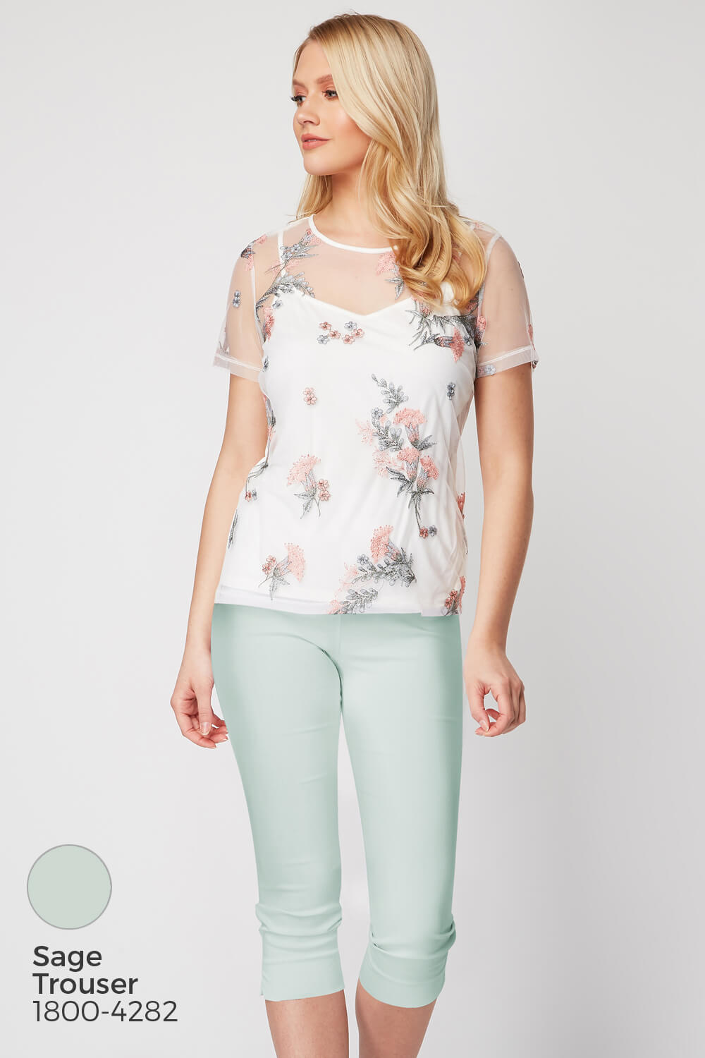 Ivory  Floral Mesh Embroidered Top, Image 7 of 8