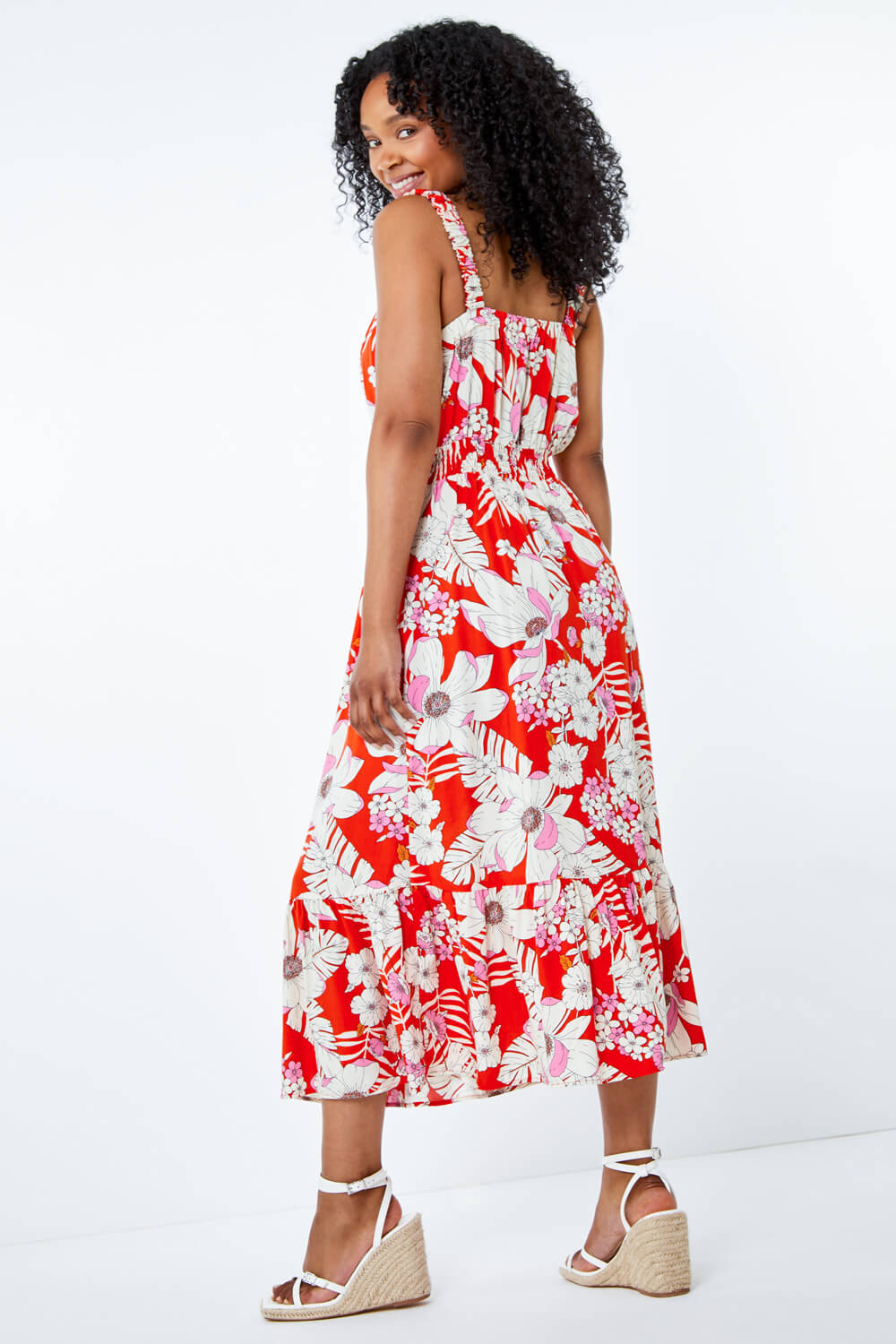 Red Petite Floral Tiered Midi Sundress, Image 2 of 5