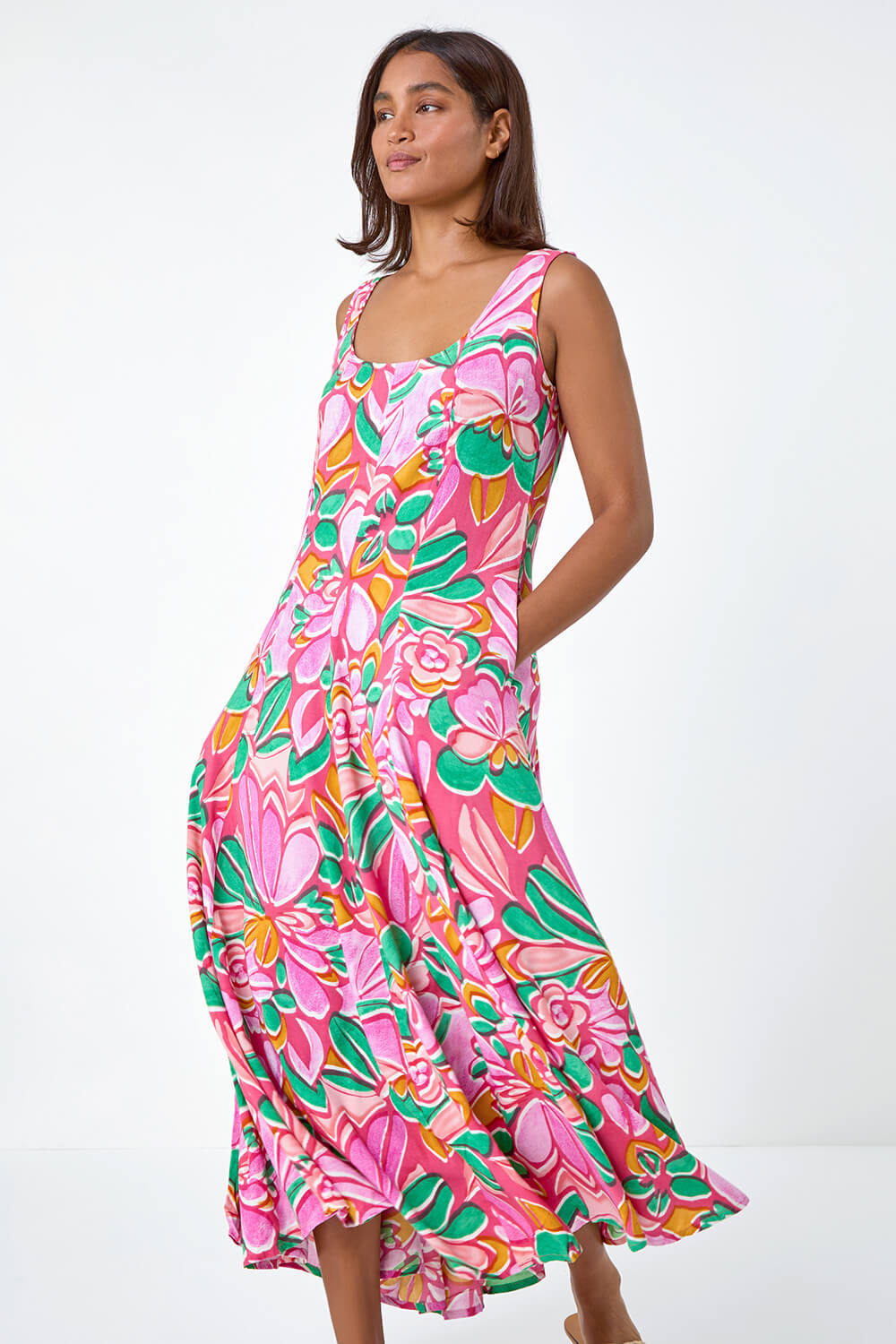 PINK Floral Print Panelled Midi Dress, Image 2 of 5
