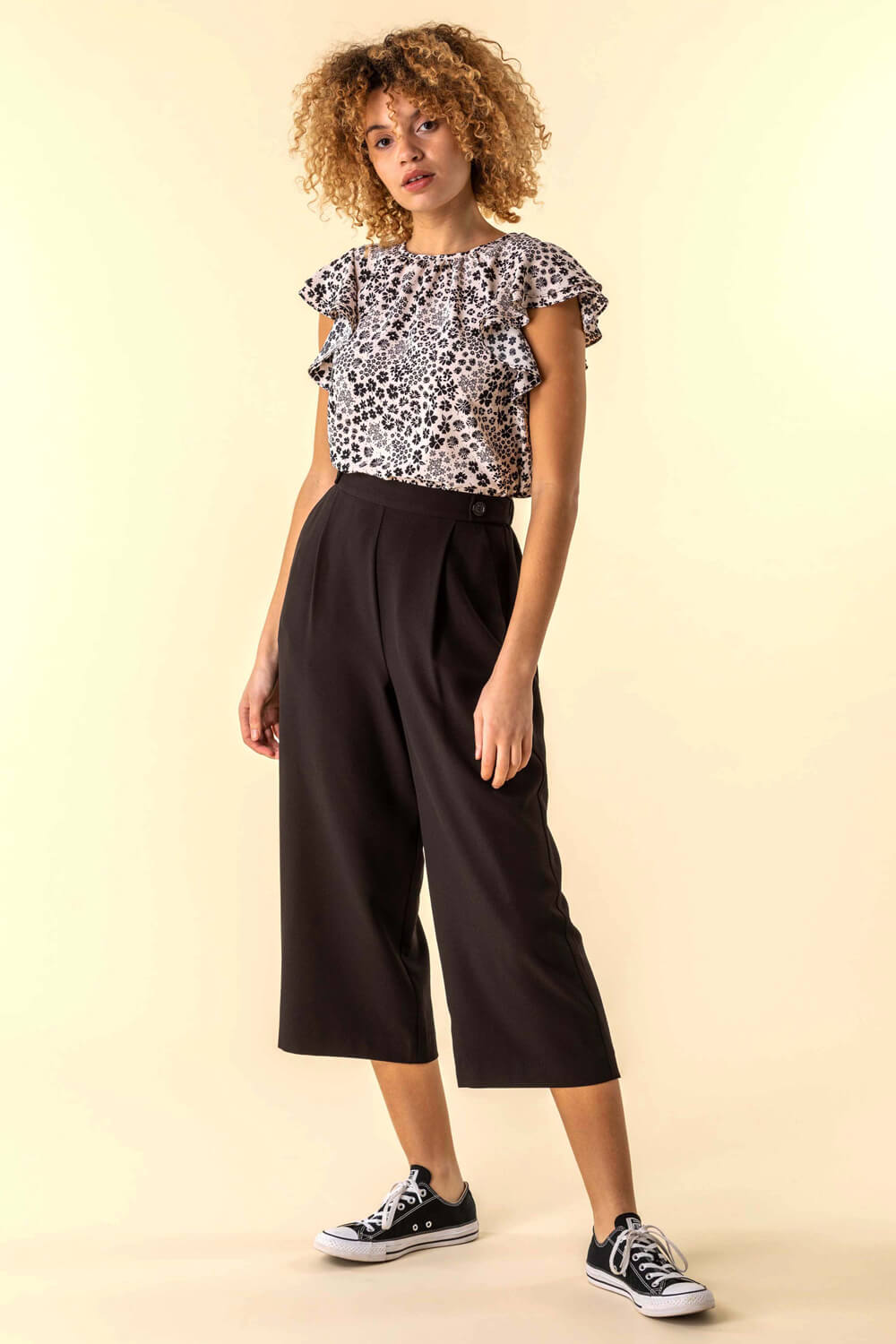 Black Button Detail Stretch Culotte Trousers, Image 3 of 4