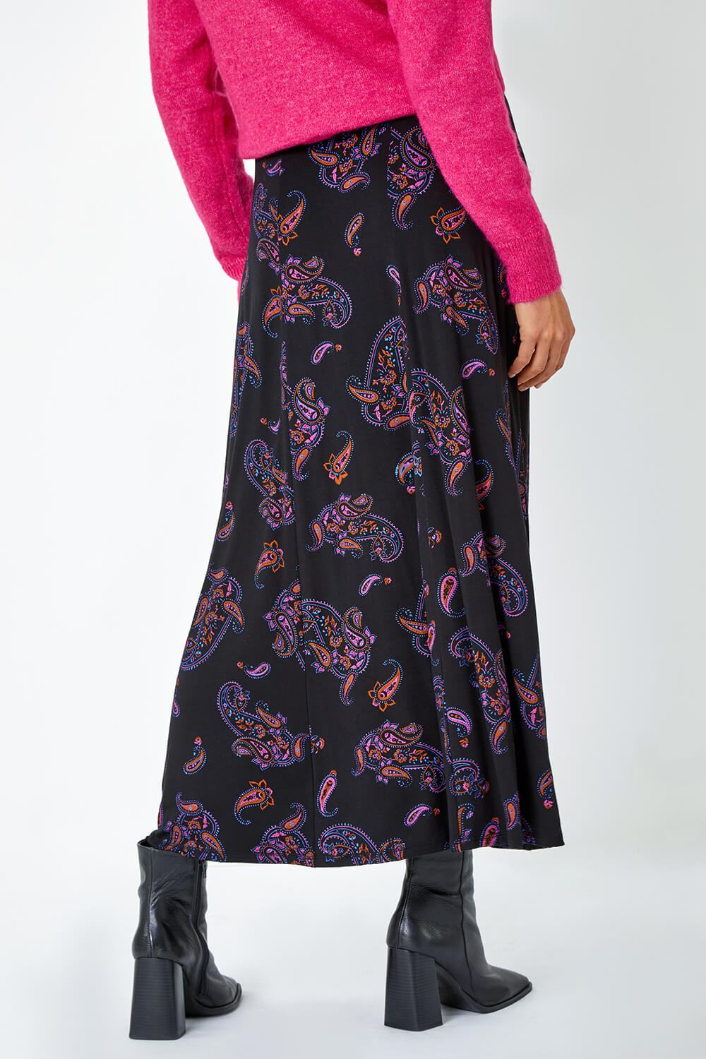 Black Paisley Print Stretch Midi Skirt, Image 3 of 5
