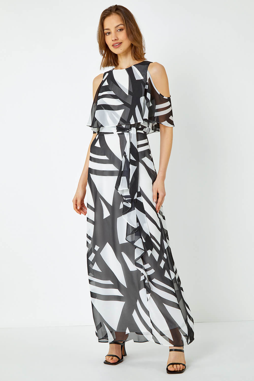 Ivory  Geometric Overlay Cold Shoulder Maxi Dress, Image 2 of 5