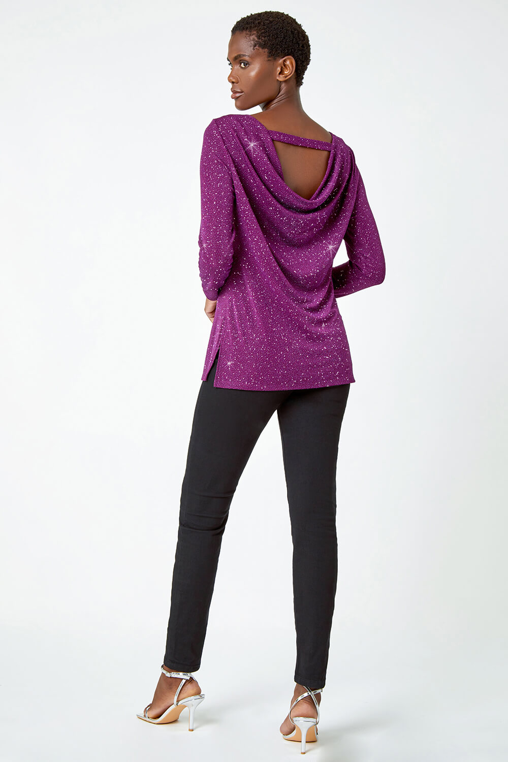 Purple Sparkle Cowl Back Detail Stretch Top, Image 3 of 5