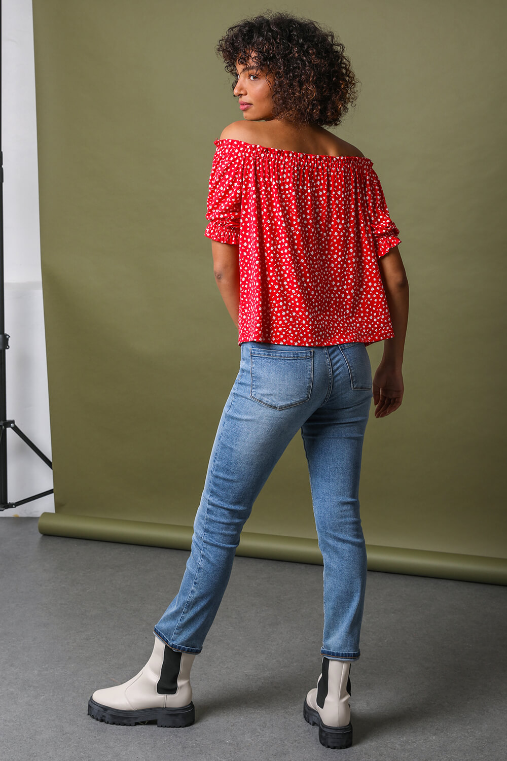 Red Ditsy Floral Print Bardot Top , Image 2 of 4