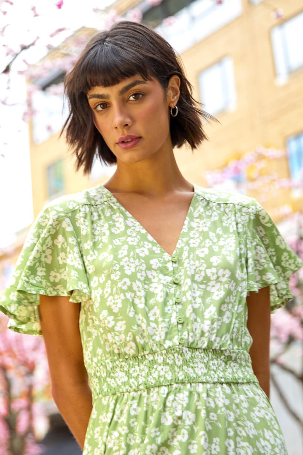 Green Floral Print Shirred Waist Midi Dress, Image 2 of 6