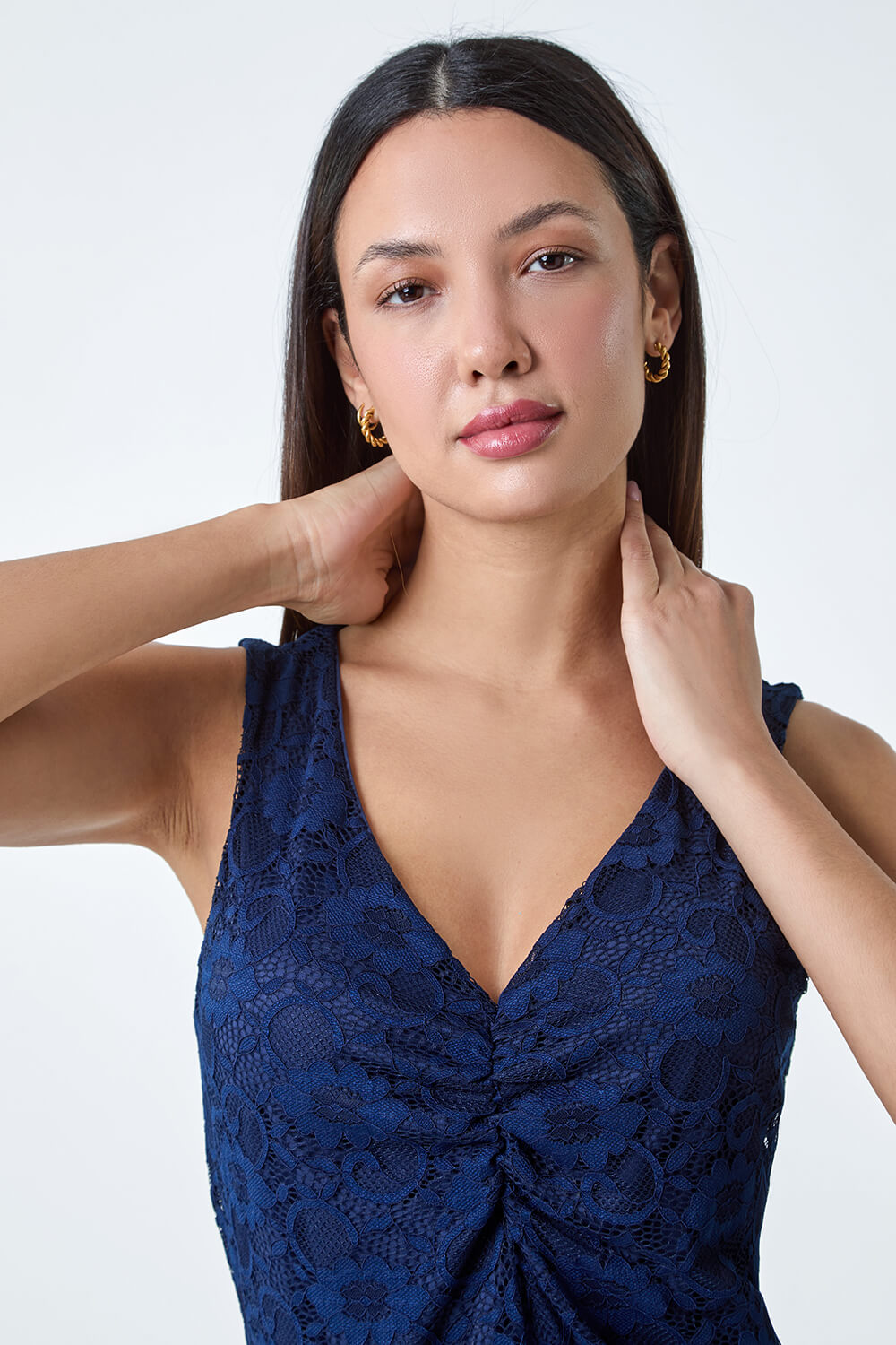 Navy  Lace Twist Front Stretch Top, Image 4 of 5