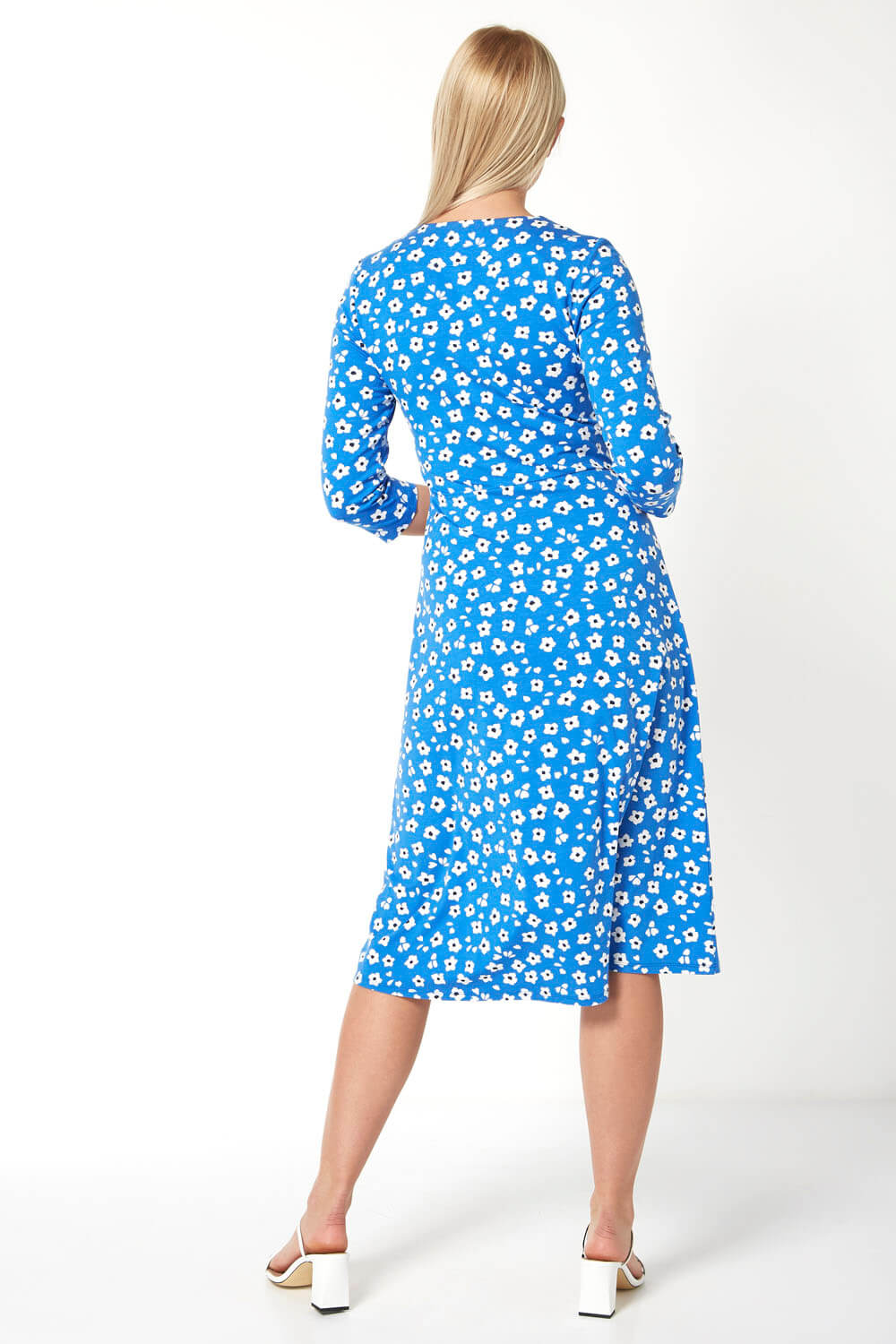 Blue Floral Print Midi Length Tea Dress, Image 2 of 4