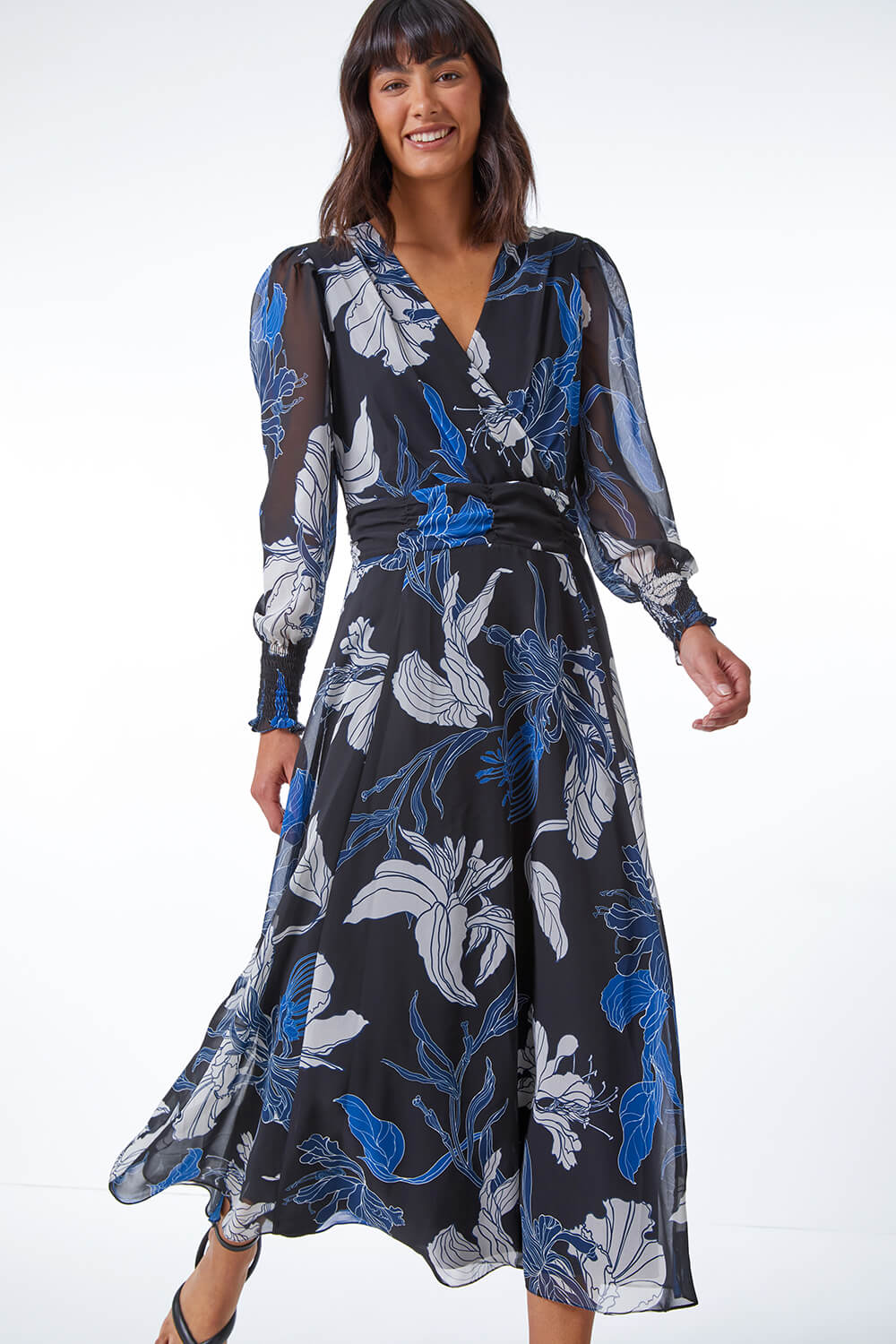 Floral Print Chiffon Wrap Midi Dress in Blue - Roman Originals UK