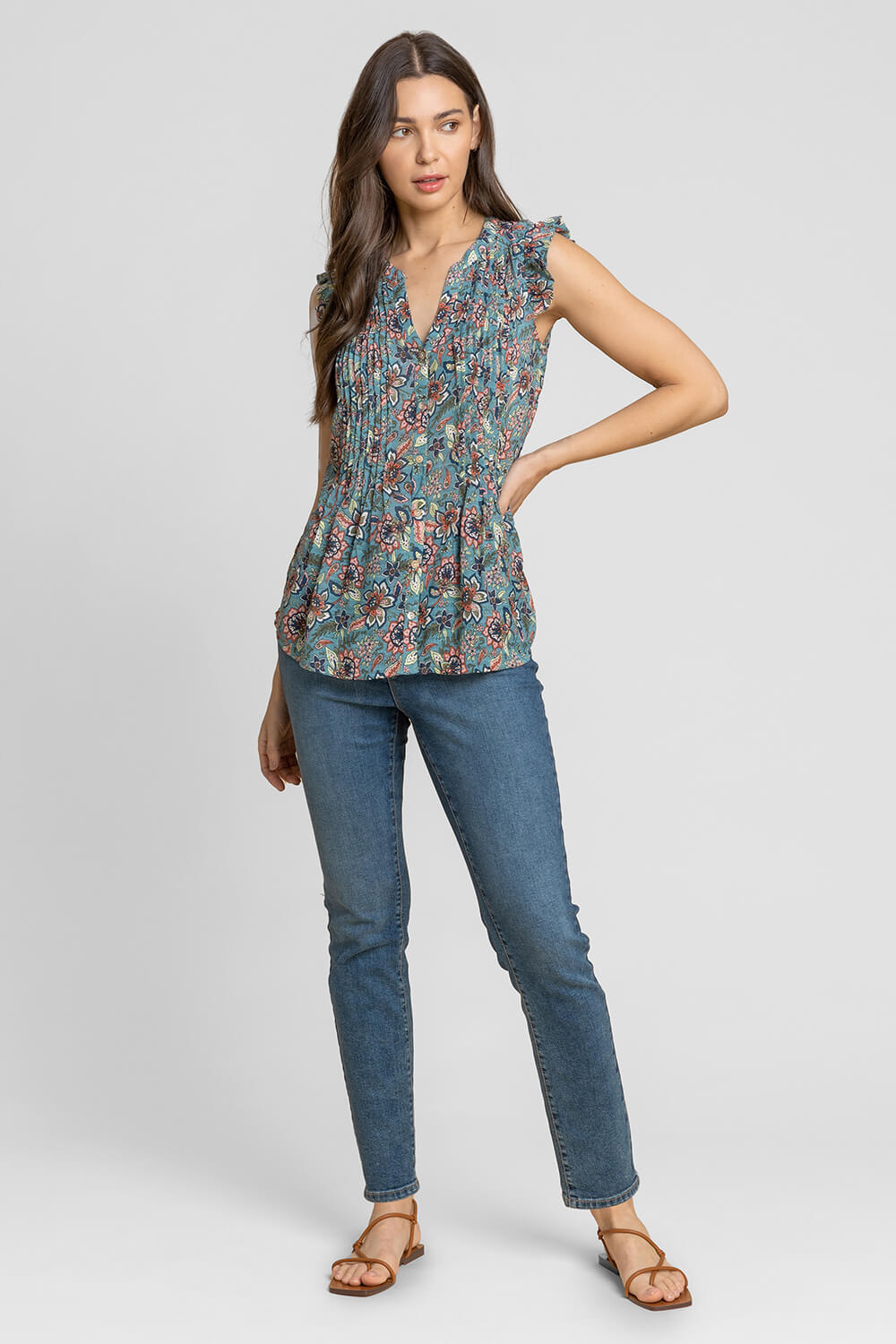 Teal Sleeveless Frill Detail Floral Blouse, Image 3 of 4