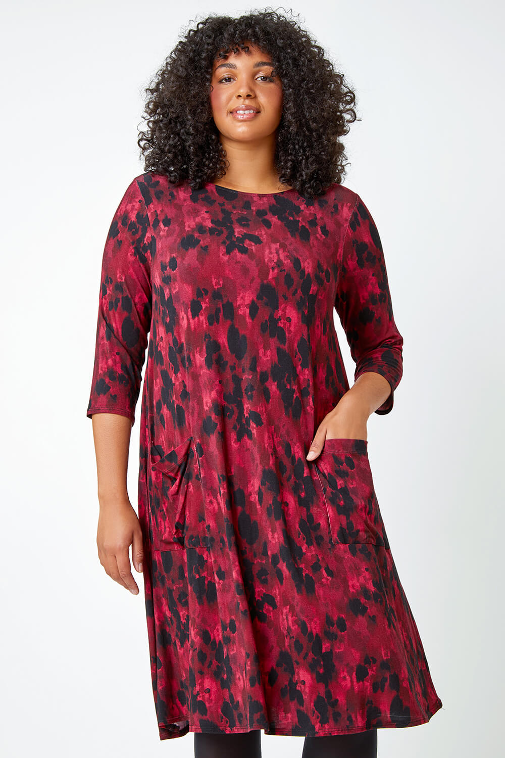 Maroon Curve Animal Print Swing Stretch Dress | Roman UK