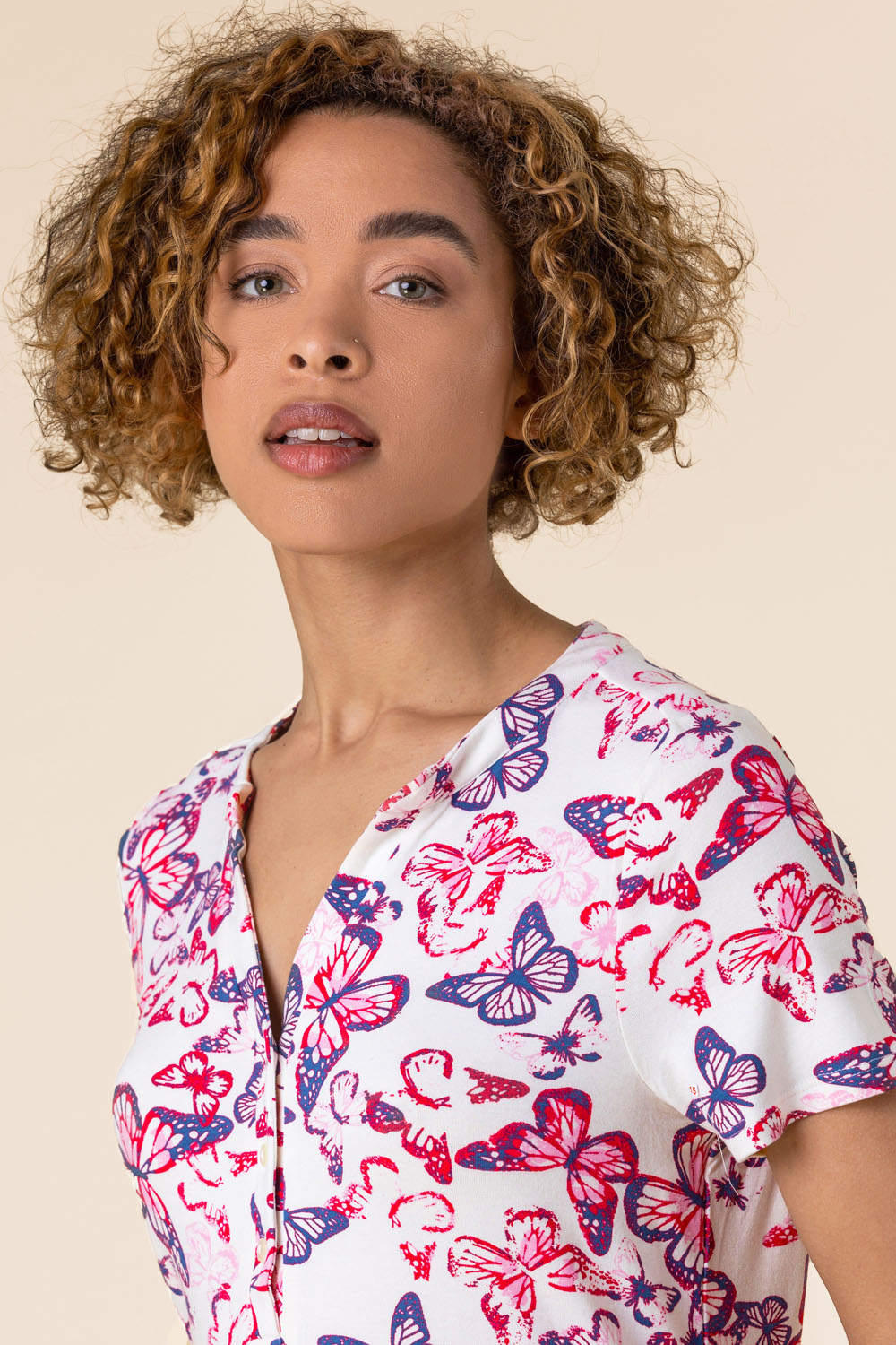 PINK Butterfly Print Button Top, Image 5 of 5
