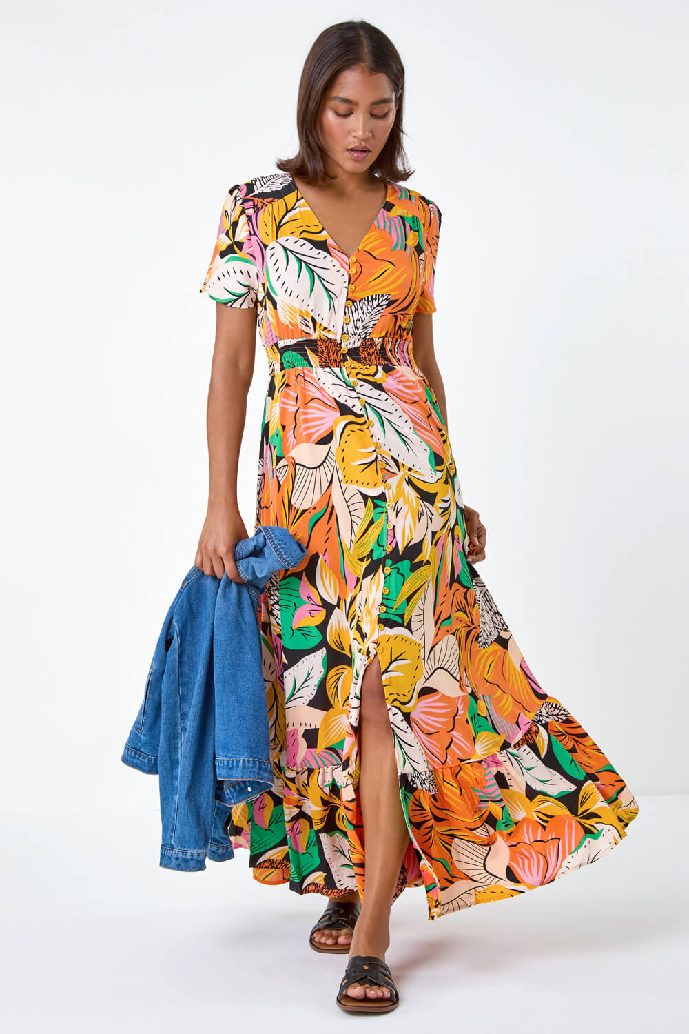ORANGE Tropical Print Frilled Hem Maxi Dress, Image 2 of 5